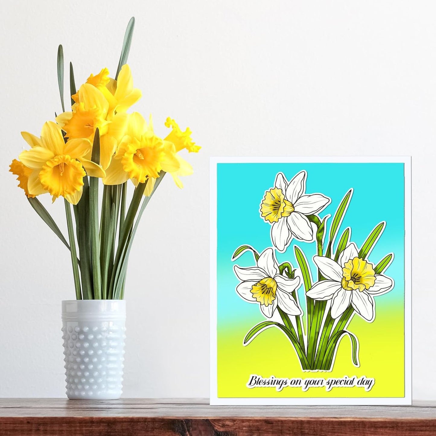 ORIGACH Realistic Daffodil Flower Stamps and Dies and Layering Coloring Stencil Set, Silicone Stamps Metal Die Cut and Flower Stencil Template for Card Making Scrapbooking DIY Crafting