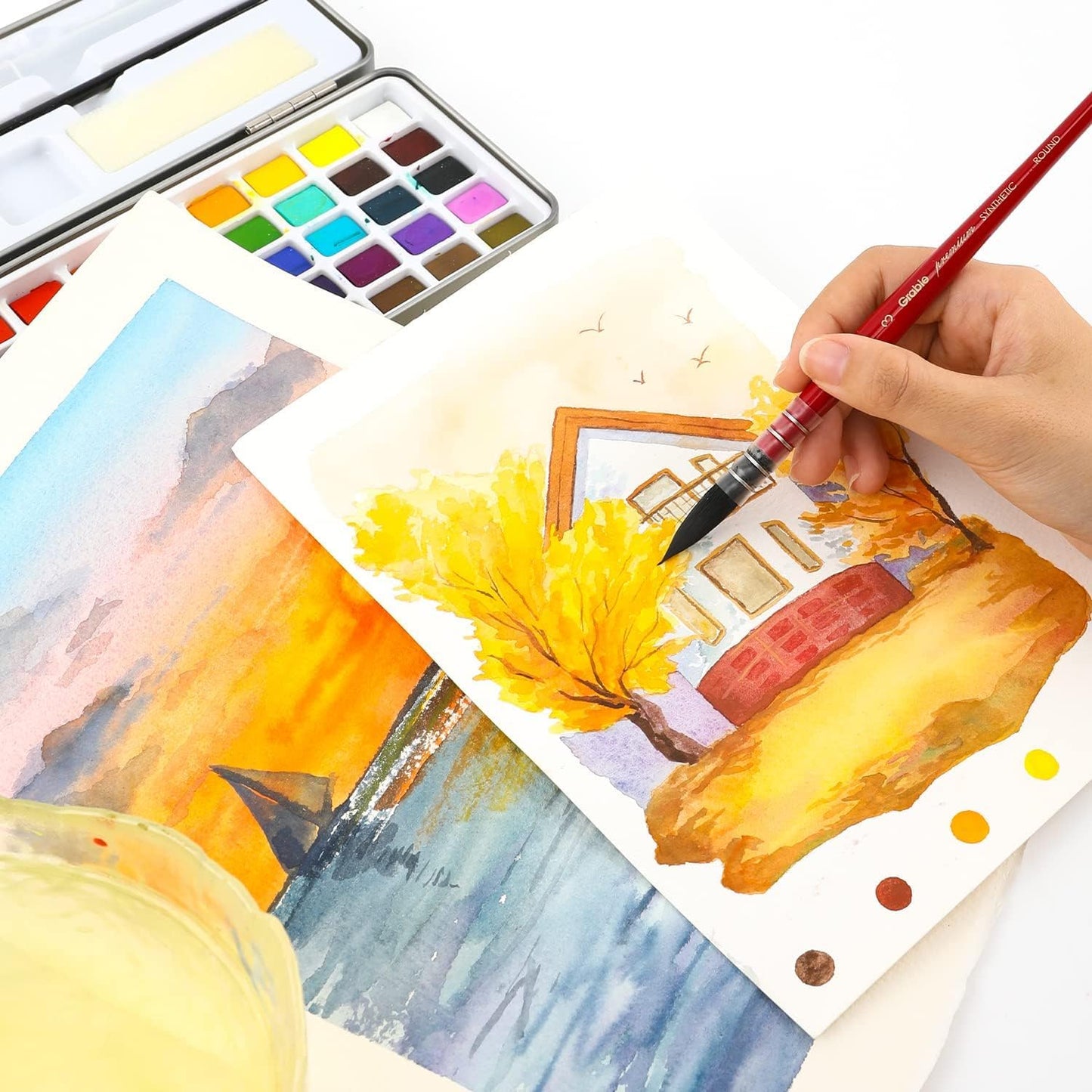 Grabie Professional Watercolor Paint Brushes, 9 Pcs Synthetic Squirrel Hair Mop Paintbrushes, Art Supplies for Painting, Great Watercolor Brushes for Artists, Amateur Hobbyists and Painting Lovers