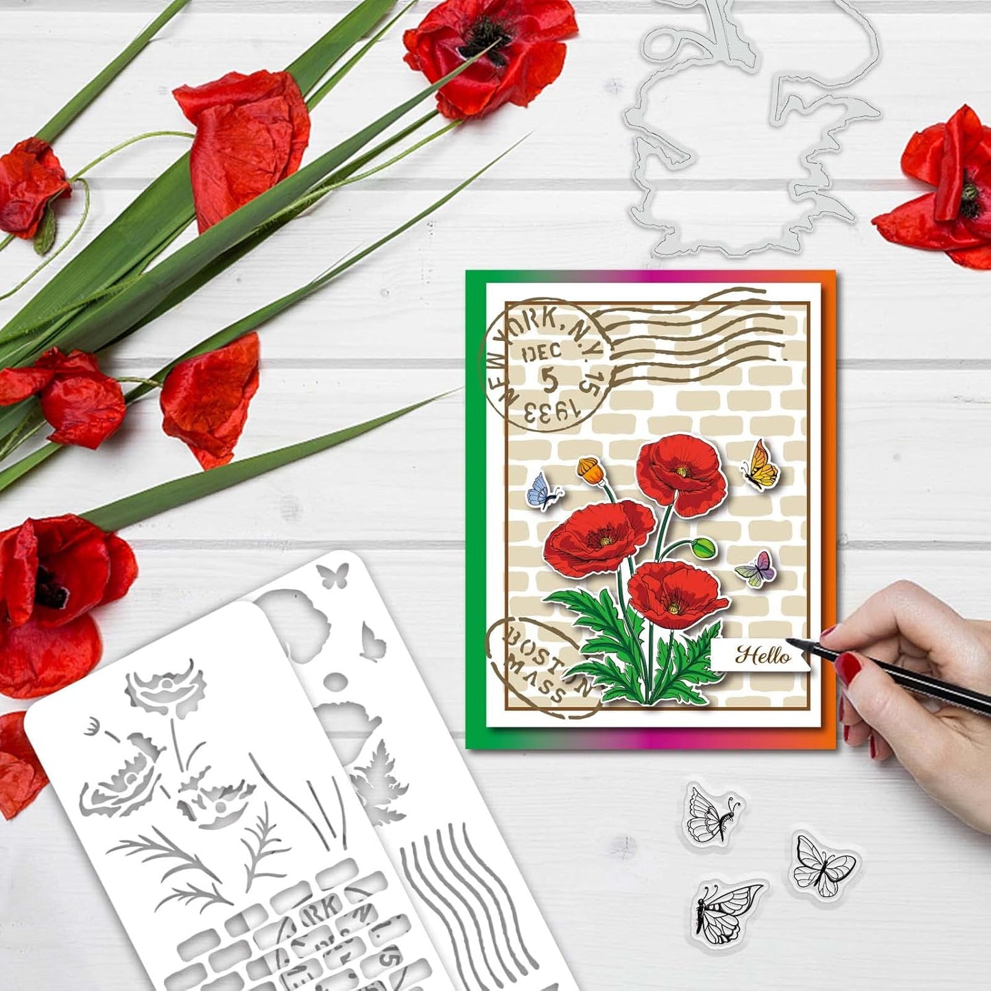 ORIGACH Realistic Corn Poppy Flower Stamps and Die and Layering Coloring Stencil Bundle for Card Making Album Arts Crafts Supplies