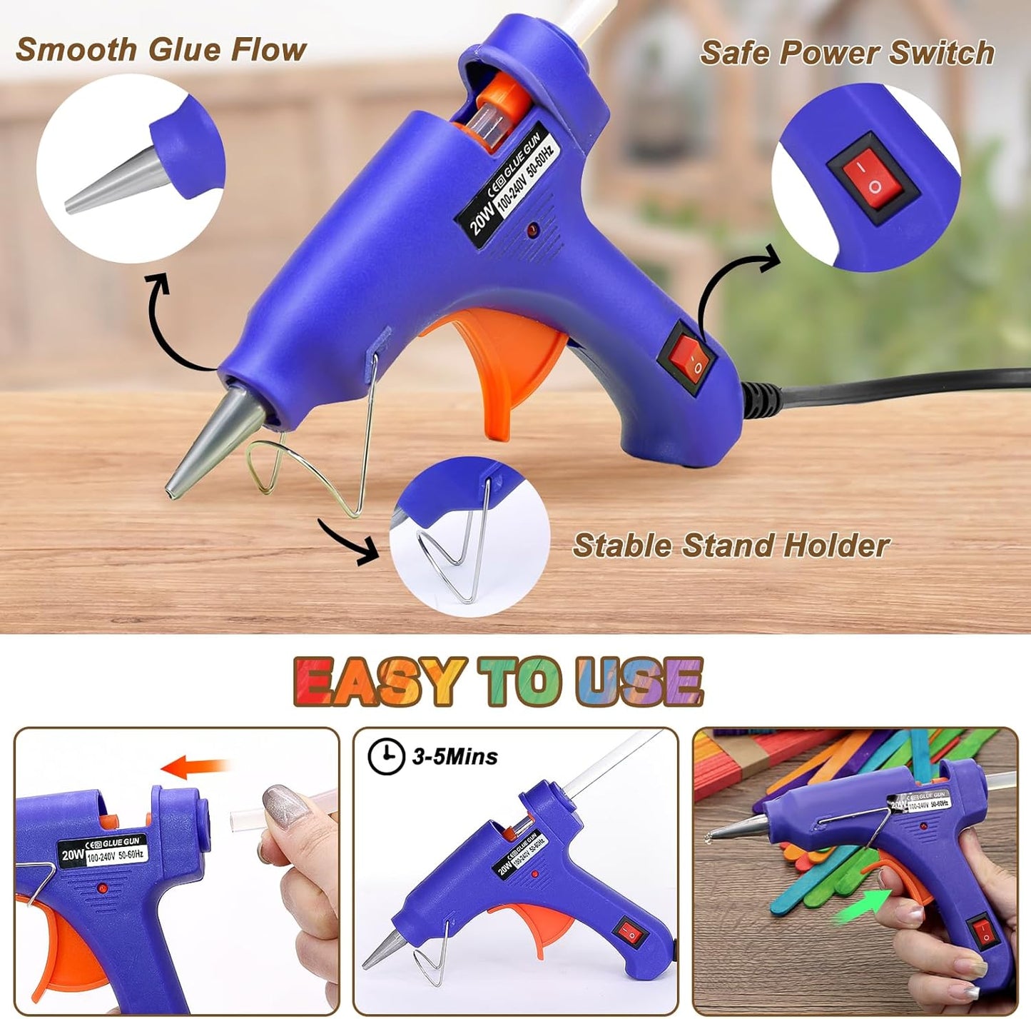 6 inch Colored Wooden Sticks Kits, 400PCS Colorful Rainbow Sticks with Hot Glue Gun and Sticks for Craft Home Popsicle Decoration Project Building Model Kid Classroom Art Craft Supplies