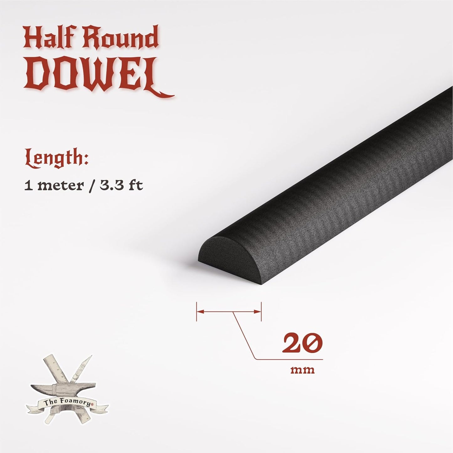 The Foamory's No Waste Half Round EVA Foam Dowel. 3 Pack of 5-25mm x 1M High-Density Black Craft Foam Sticks. Pre-Cut, Paint Ready for Cosplay Armor Trim, Weapon and Costume Design. Time Saving Bevel