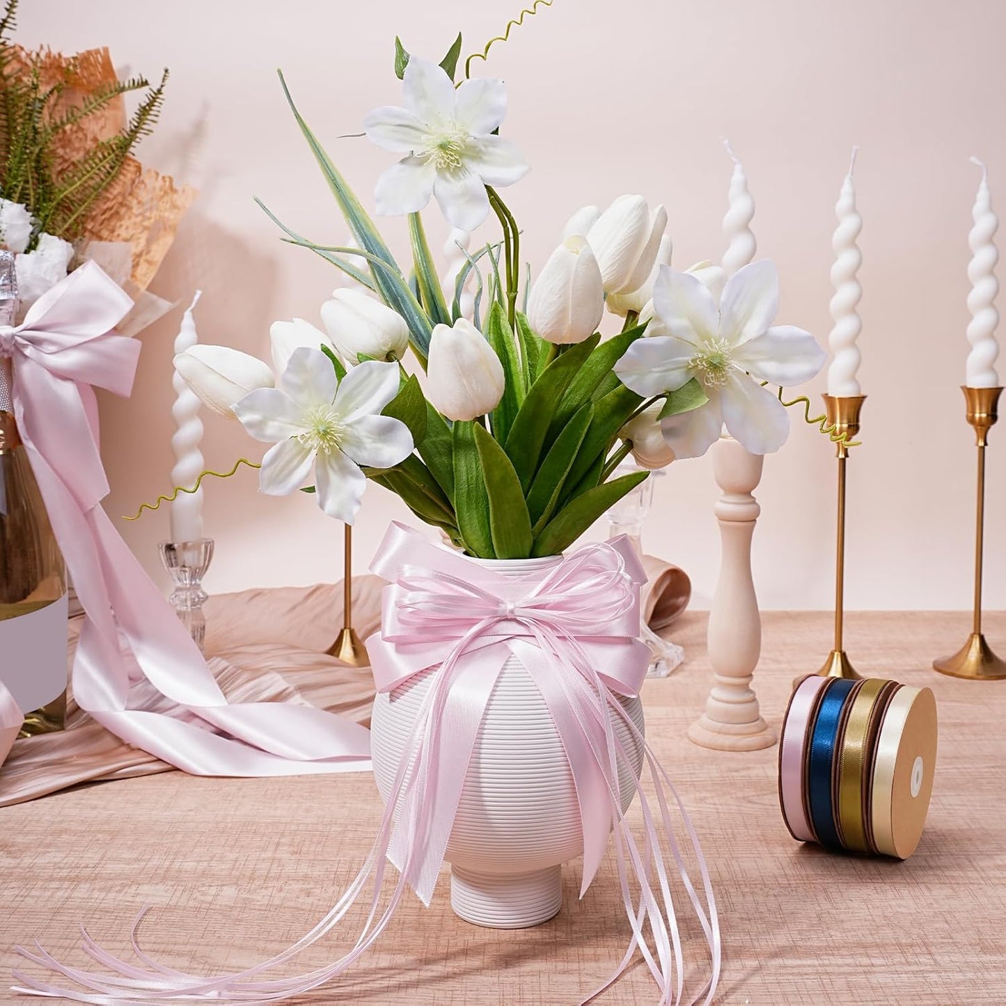 LaRibbons Light Pink Satin Ribbon 3/8 Inch 50 Yards Thin Luxury Double Faced Pink Silk Ribbon for Gift Wrapping Flower Bouquet Crafts Wedding BabyShower Decoration