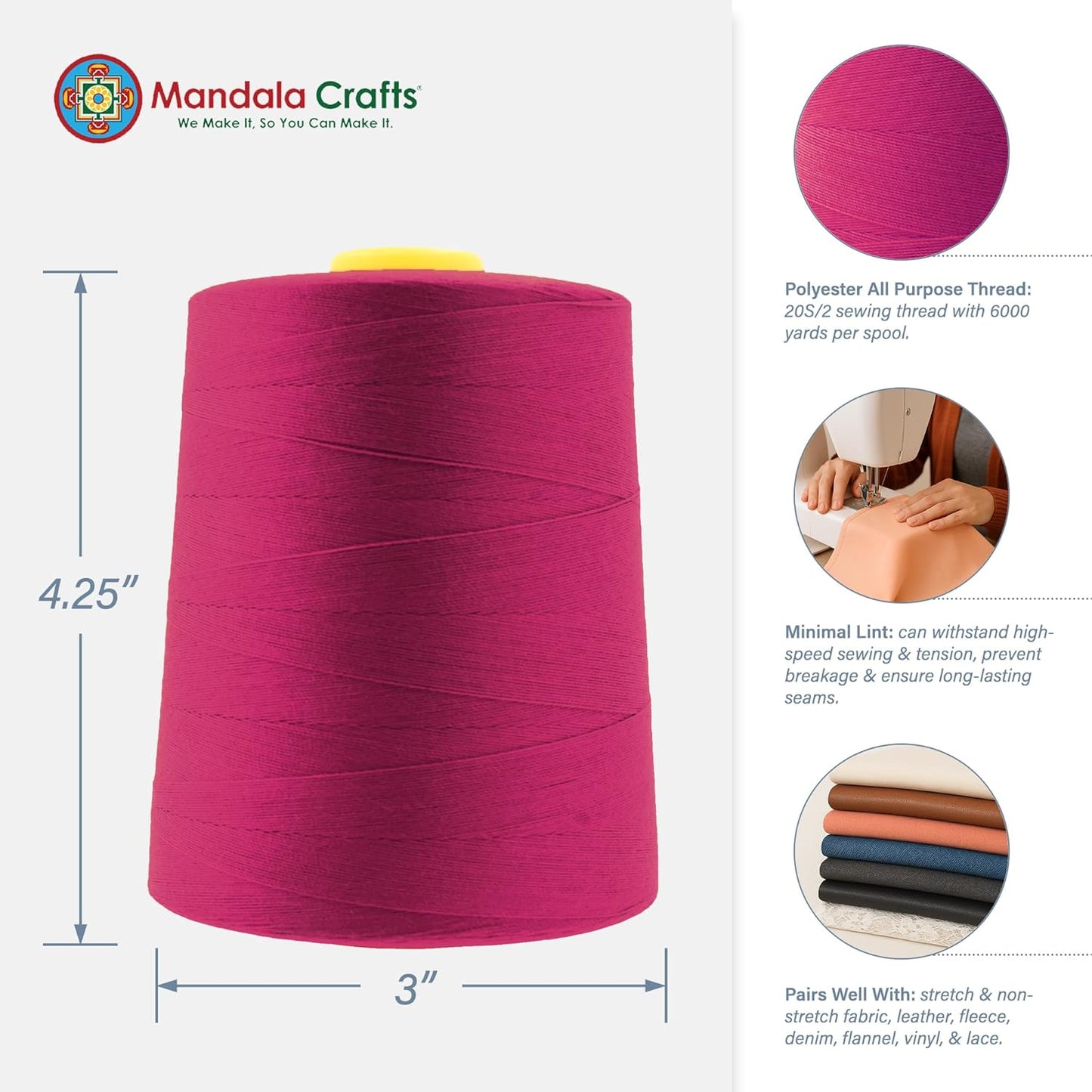 Mandala Crafts 4 Pack of Serger Threads Cones Spools - 20S/2 24000 Yards Polyester Magenta Threads for Sergers Machine and Overlock Quilting Sewing Machine