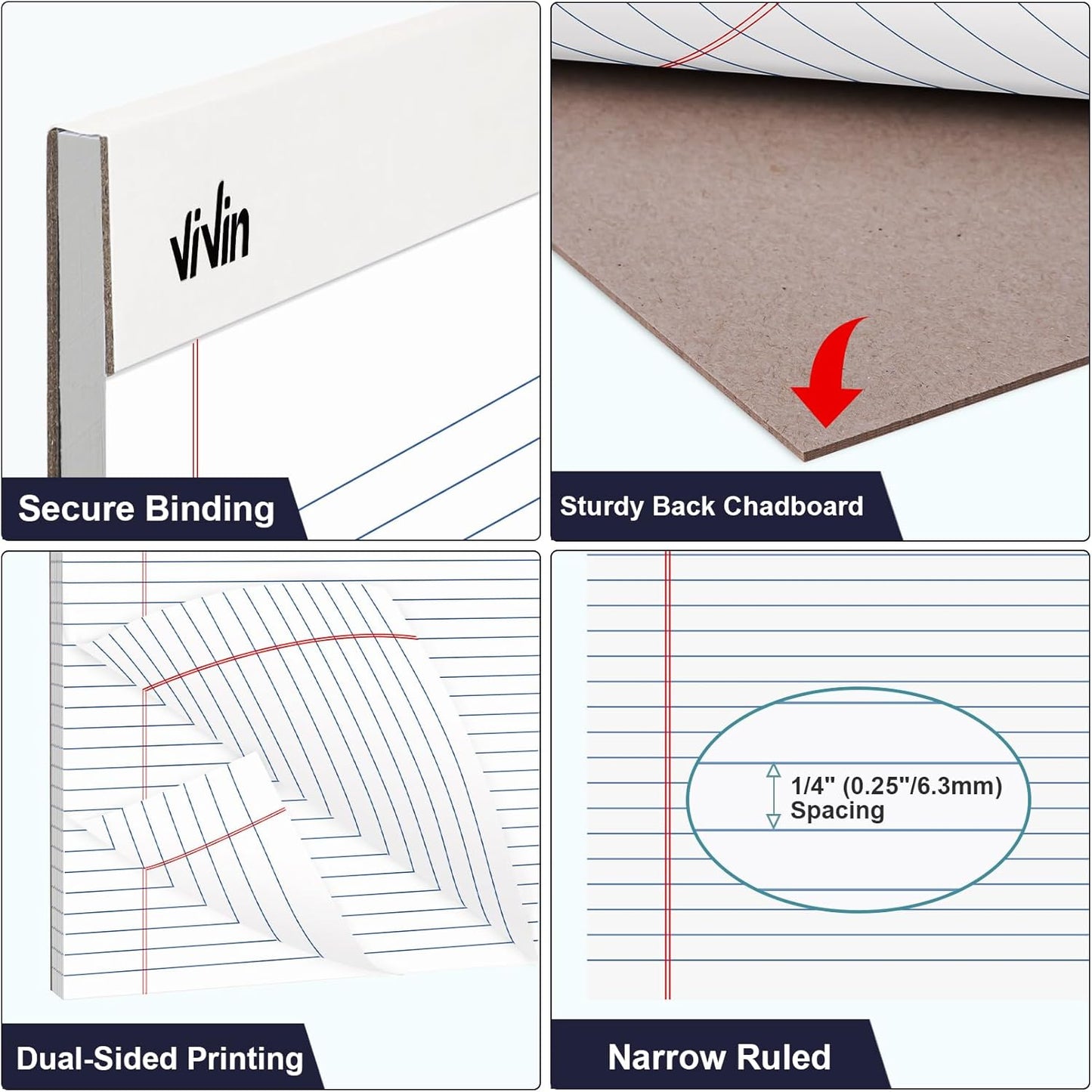 ViVin 5 x 8 Inch Legal Pads, 6 Pack, Narrow Ruled, 50 Sheets Per Writing Pad, Perforated Note Pads Ideal for Home, Office, Business, 300 Sheets, White Paper
