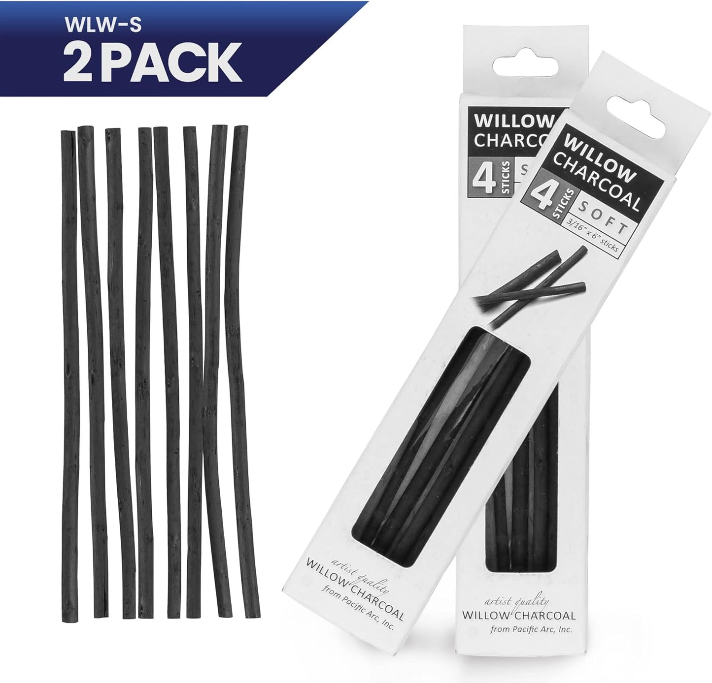 Pacific Arc 2 PACK Large Willow Charcoal Stick 4/Pkg, Soft, Black, Thick Willow Charcoal for Sketching and Drawing …