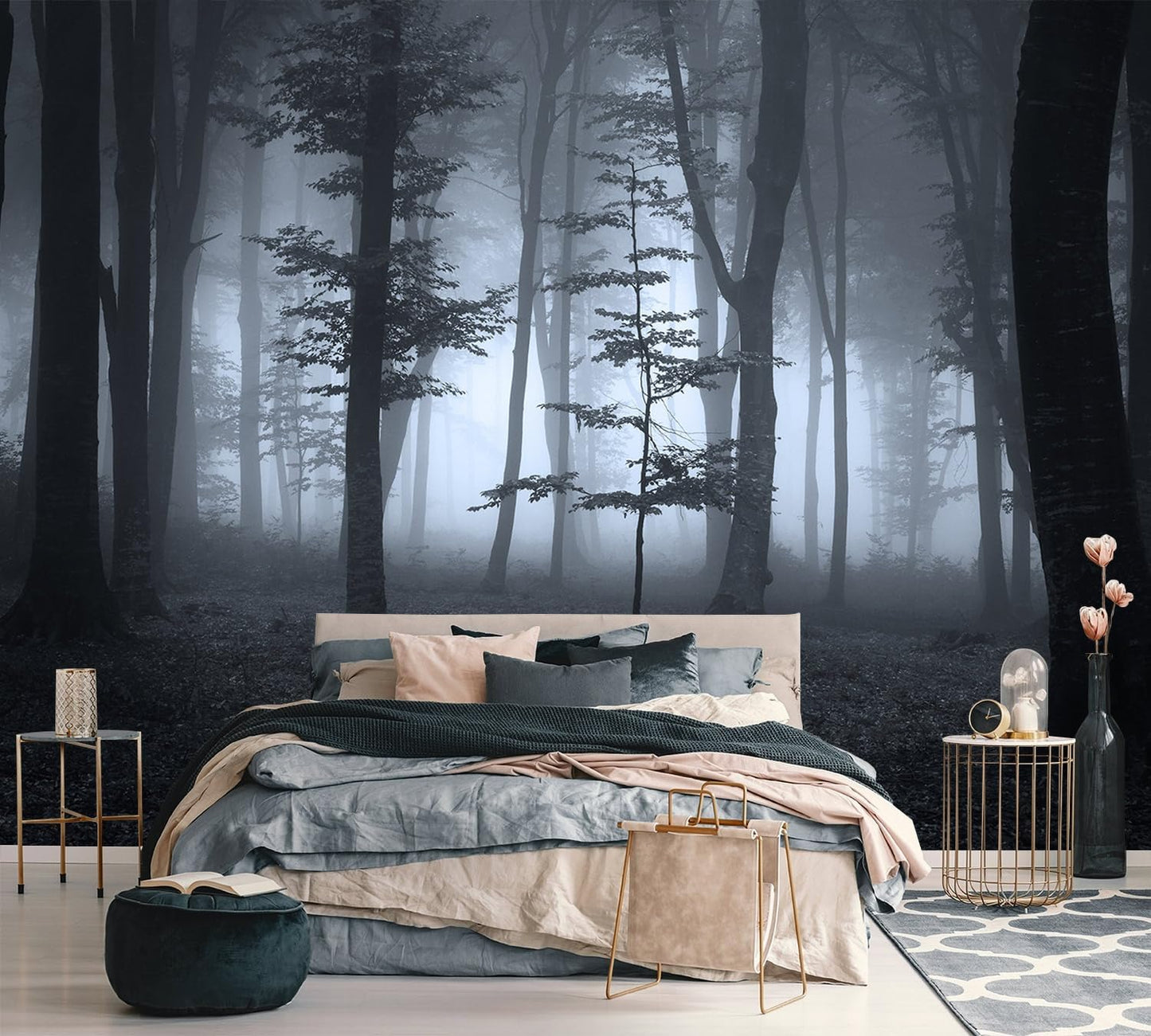 AFZEVEB-Foggy Dark Forest Wallpaper Landscape Tree Wall murals for Bedroom 159"x107"(Not Peel and Stick)
