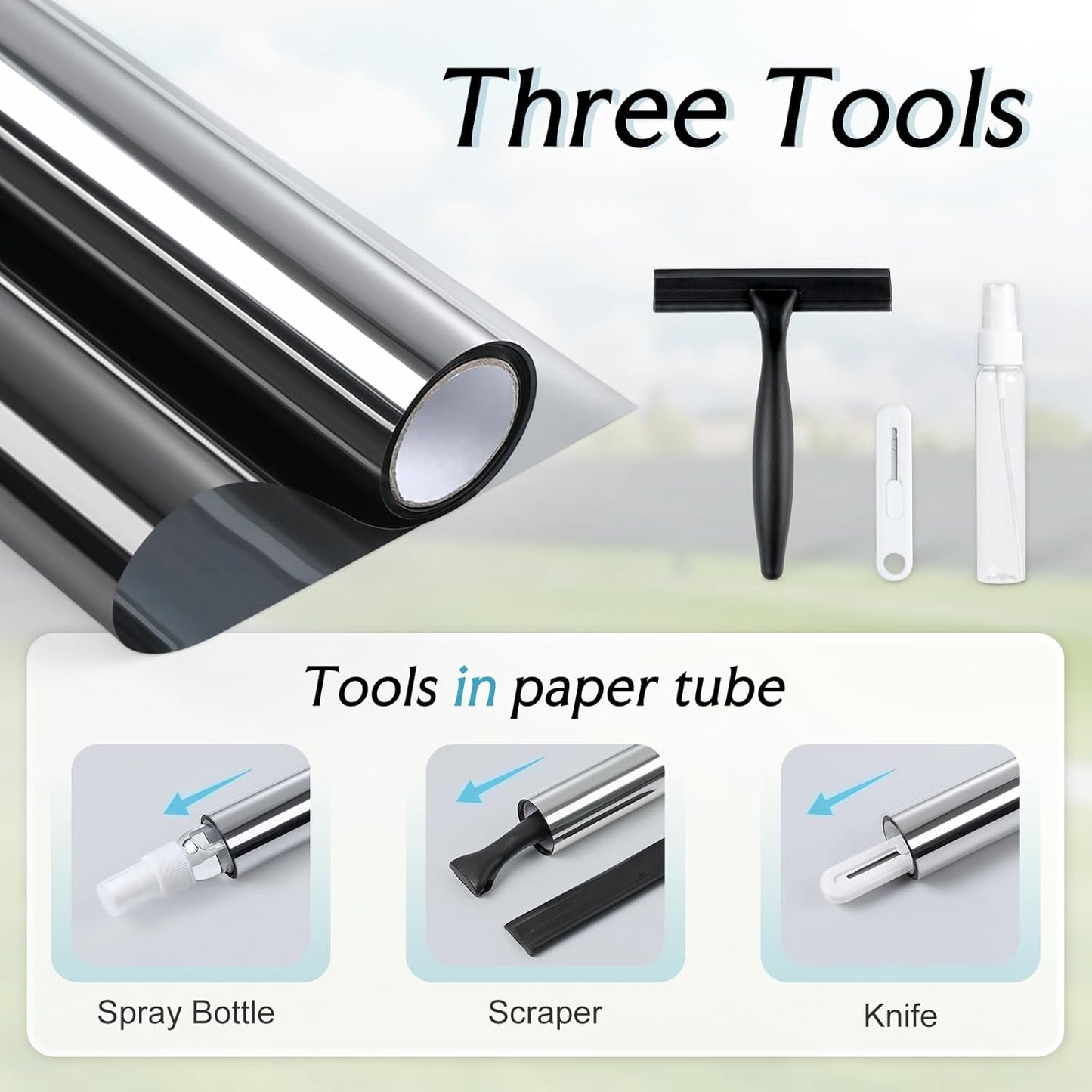 DOWELL One Way Window Privacy Film with 3 Tools Window Tint for Home Sun Blocking Heat Control Anti UV Reflective Mirror Covering See Out Not in for House and Office Black Silver 35.4" X 157.4"