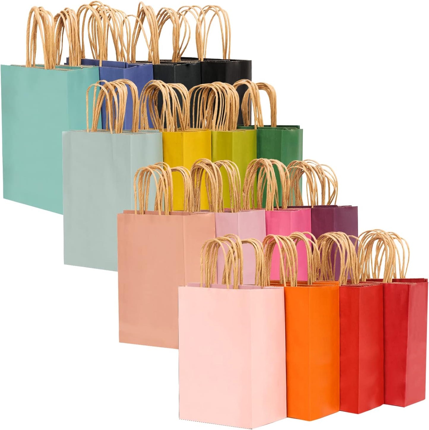 qiqee 60 pcs Kraft Bags with Handles 7.6"x4.75"x10.5" Medium Gift Paper Bag 16 Different Solid Color Bags