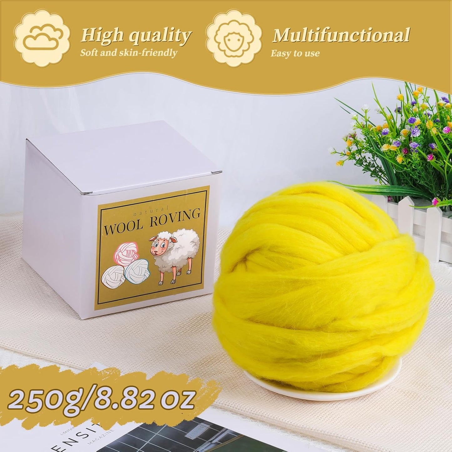 Wool Roving Bulk - 8.82oz Super Wool Chunky Yarn, Wool Roving Top for Needle Felting, Soft Felting Wool Supplies for Hand Spinning, Blending, Weaving and DIY Craft