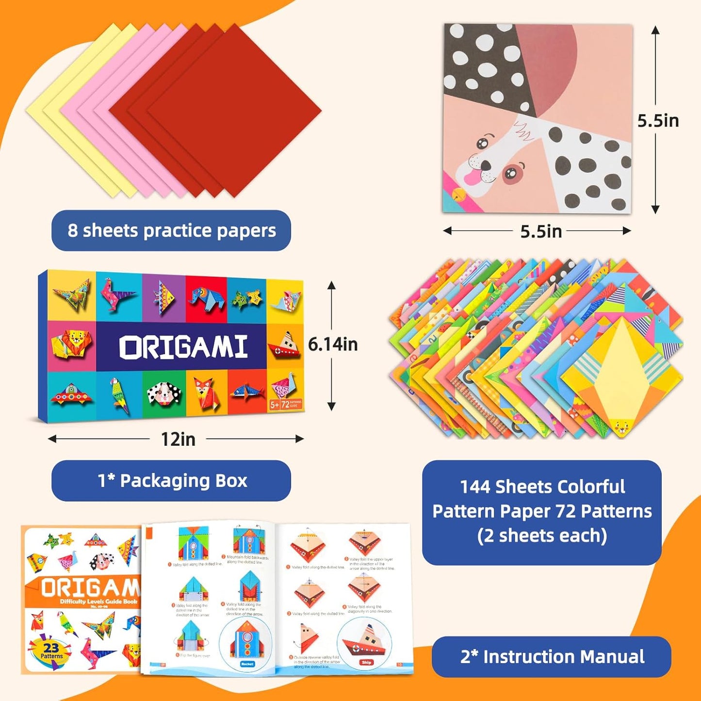 Origami Paper Kit for Kids Ages 5-8 8-12,152 Sheets Origami Paper - 72 Double Sided Patterns with Instructional Book,DIY Art Craft Projects,Travel Game Activity,Gift for Boys Girls Beginners