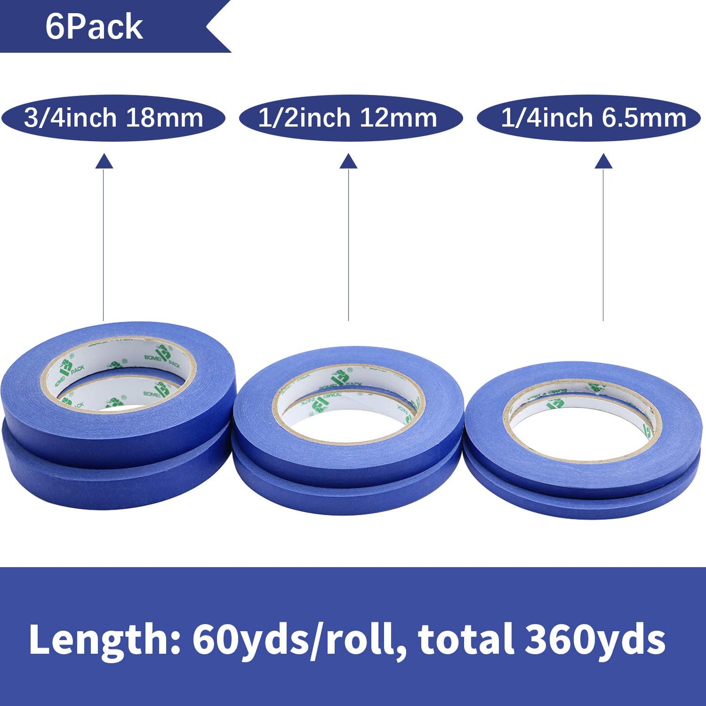 BOMEI PACK 6Pack Blue Painters Masking Tape, 1/4” 1/2” 3/4” X 60yds Multi Size Painting Paper Tape, Clean Removal with No Residue