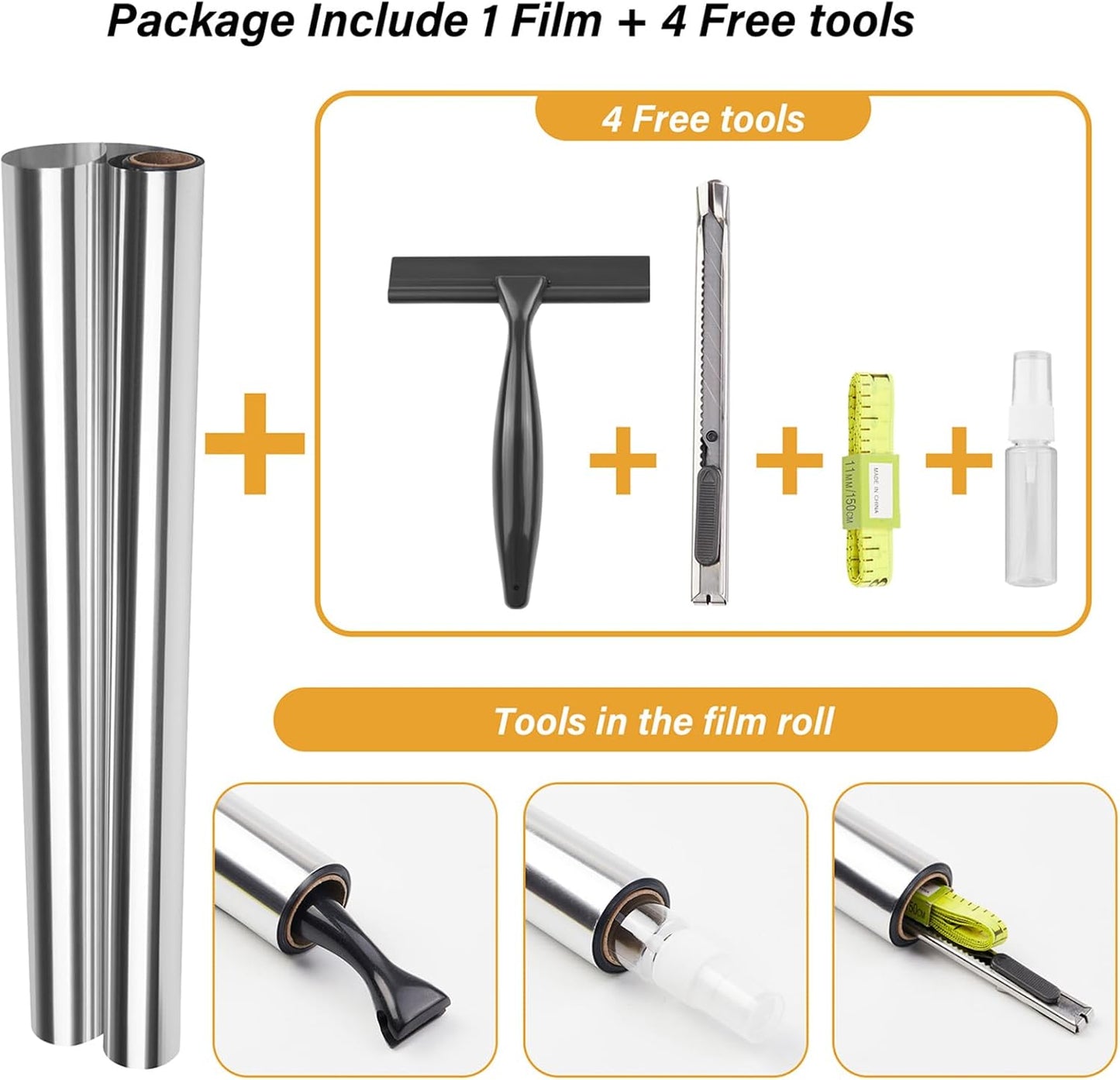 Kromapolis One Way Window Privacy Film Reflective Mirror Home Window Tint, Daytime Privacy Heat Control Anti UV Glass Tinting Static Cling (Silver, 35.4 x 314.9 inch)