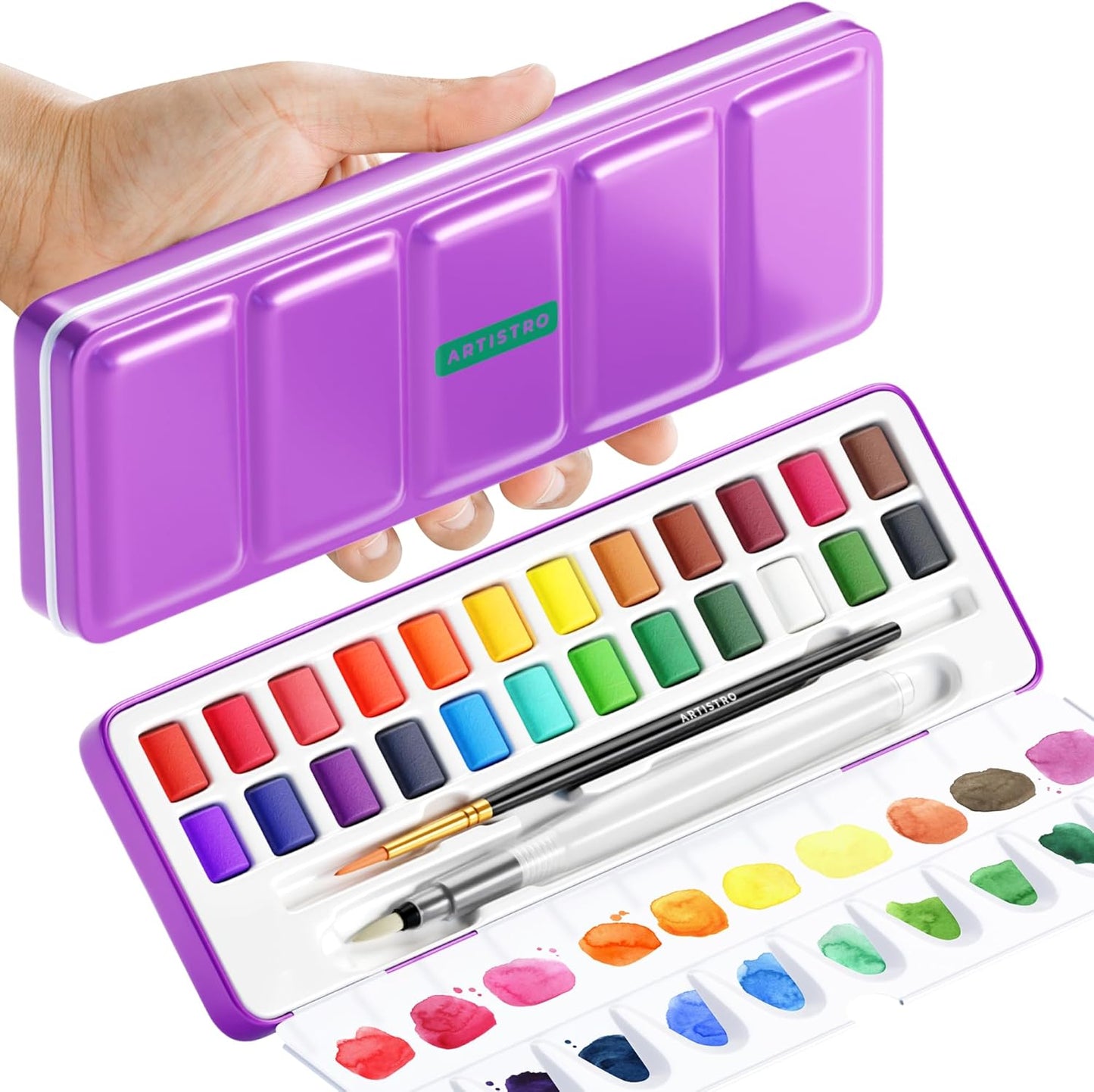 ARTISTRO Watercolor Paint Set 24 Colors, Travel Watercolor Set in Portable Box, Mini Water Colors Paint for Artists, Beginners, Amateur Hobbyists