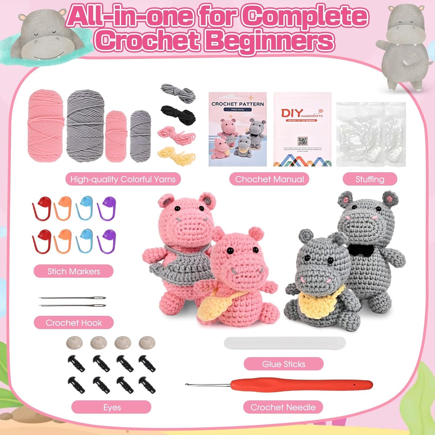 DetFinns Crochet Kit for Beginners, Crochet Starter Kits with Step-by-Step Video Tutorials, DIY Craft Kits Amigurumi Knitting Supplies, Cute Hippo (40%+ Yarn)