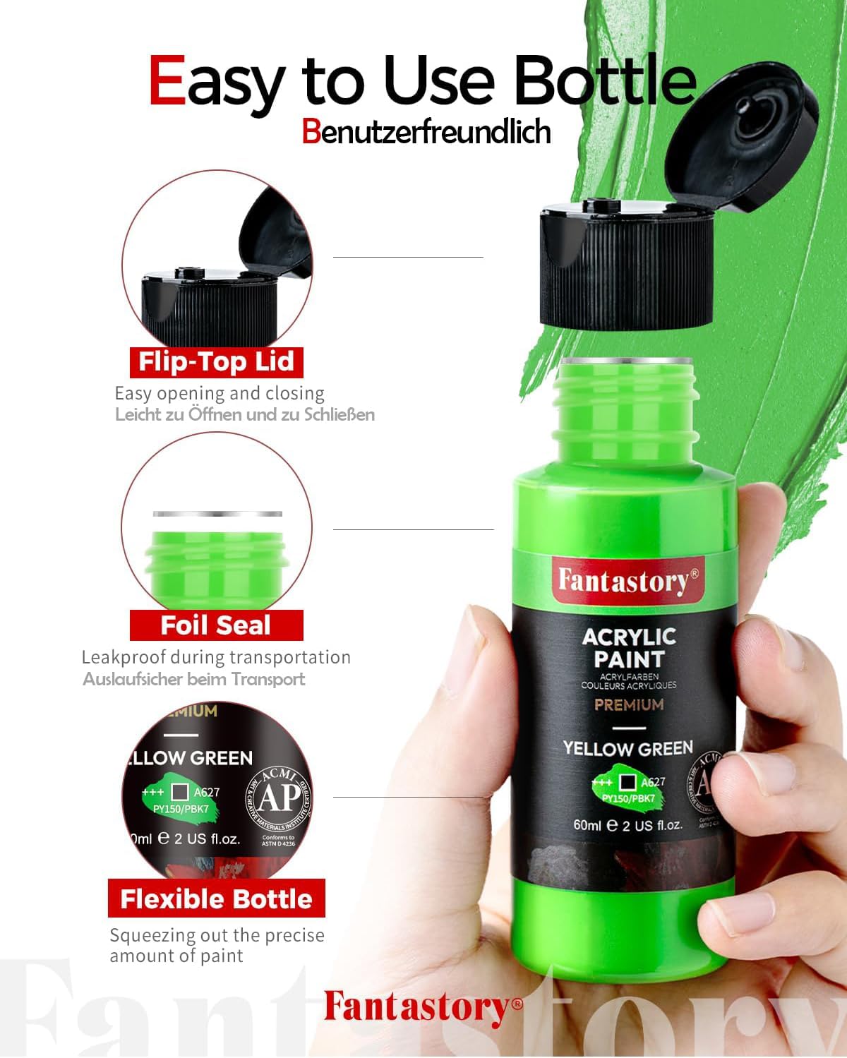 Fantastory Acrylic Paint Set 24 Classic Colors(2oz /60ml) with 12 Brushes, Professional Craft Thick Paints Kits for Adults, Canvas Wood Fabric Ceramic Rock Painting Supplies [Professional Series]