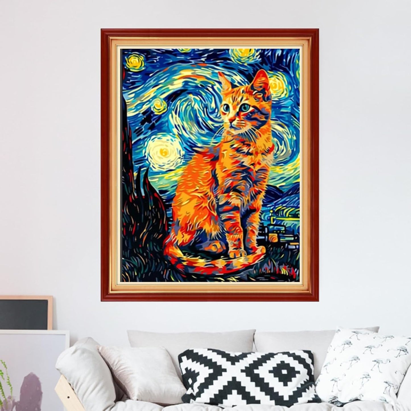 Foxdiviy Stamped Cross Stitch Kits for Beginners Full Range of Cross Stitching 11 CT Printed Cross Stitch Kits for Kids Adults Cross Stitch Patterns Needlepoint Kits-Van Gogh Starry Cat 16x20 inch