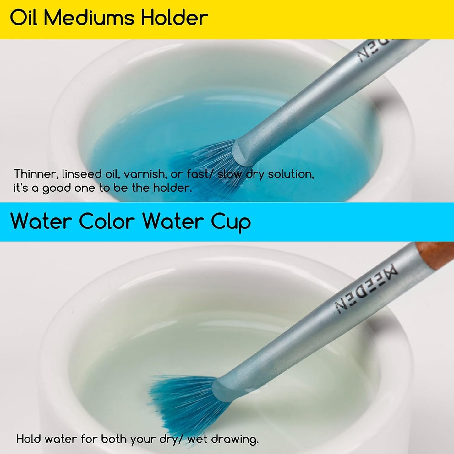 MEEDEN 2 Pack Porcelain Palette Cup, Ceramic Palette with Lid, Deep Well Oil Painting Cup, Artists Paint Water Cup, Oil Paint Dipper, Brush Wash Bowl with Beech Wood Tray