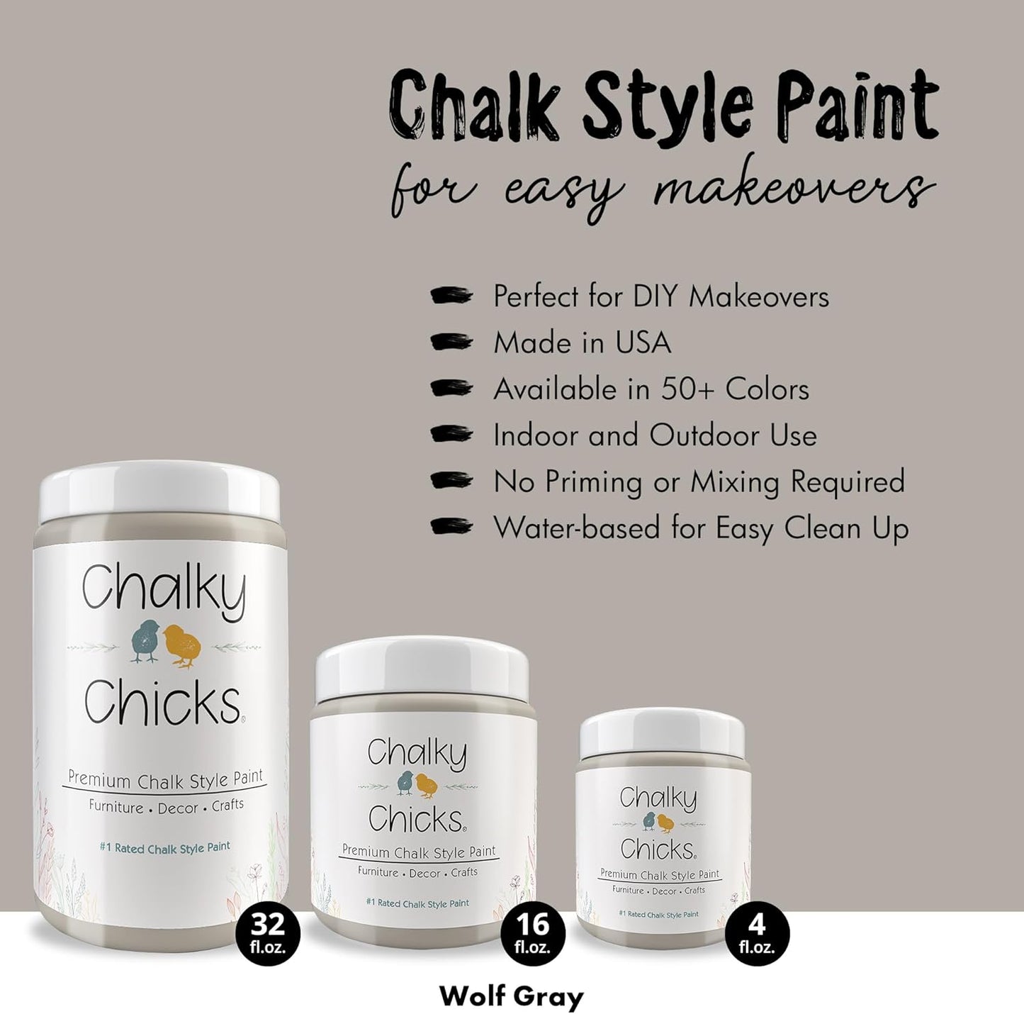 Chalky Chicks All-in-One Chalk Paint for Furniture or Cabinet - 16 Fl Oz - Matte Finish Wolf Gray (Gray/Beige) for Metal, Wood Furniture Paint - No Sanding All-in-One for Home Decor & Crafts, USA Made