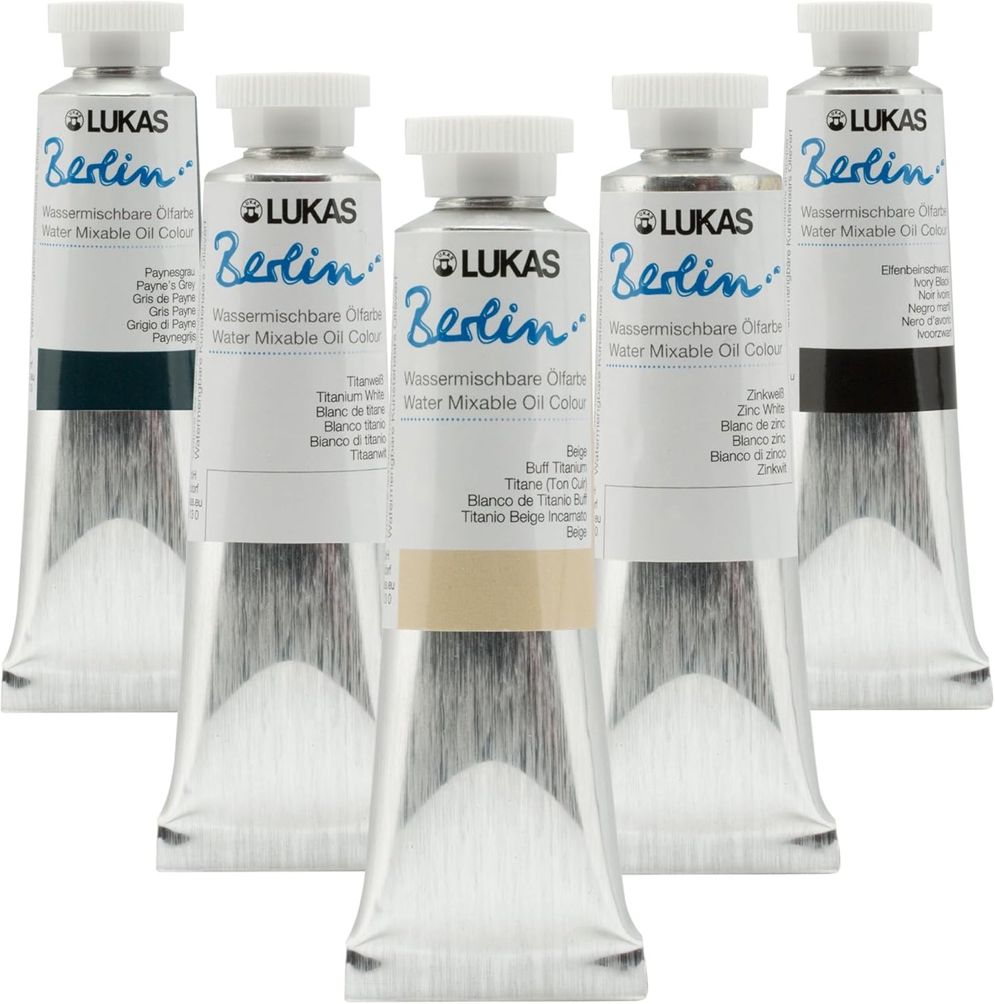 Lukas Water Mixable Oil Paint - Eco-Friendly, 37ml Grey, Black, White Set of 5, Solvent-Free Artist Oil Paint with Lightfast Pigments and Beeswax for Smooth Consistency, Water Soluble, Quick-Drying