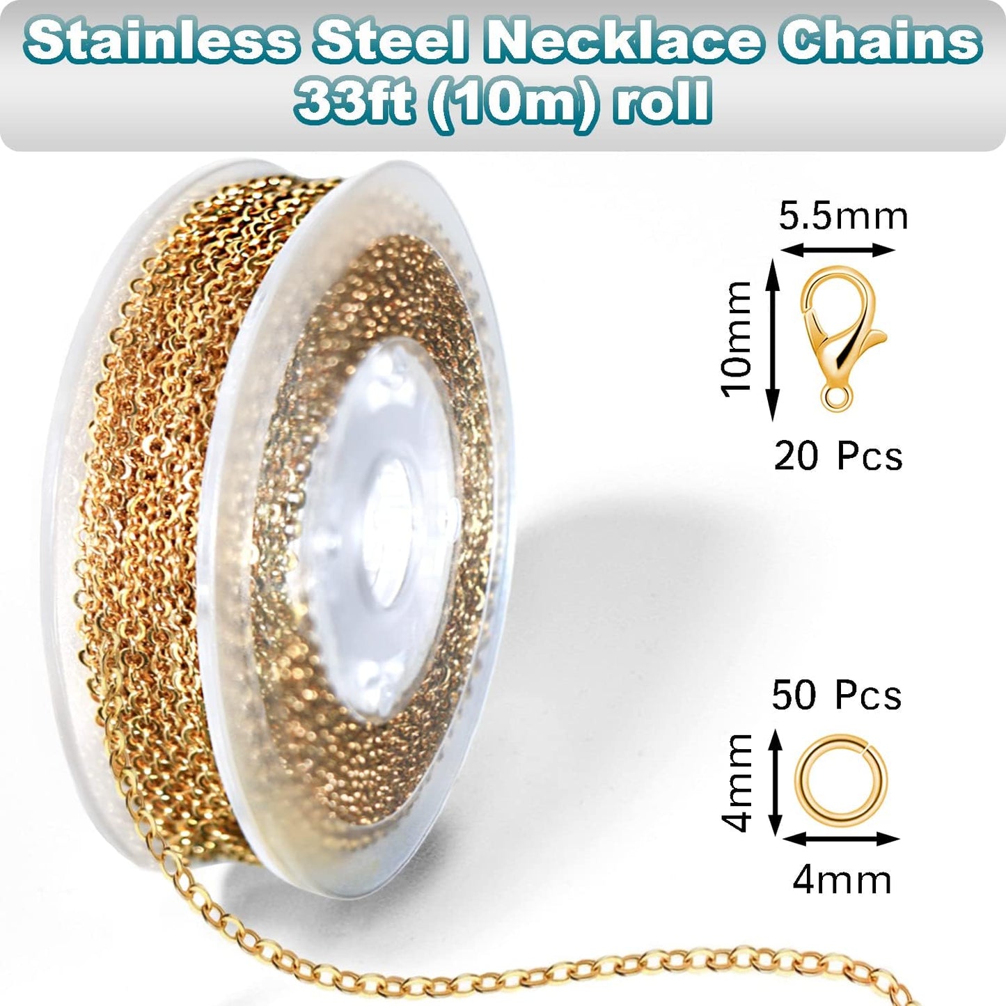 Jishi 33ft Stainless Steel Gold Plated Chain for Jewelry Making Supplies - 2mm 18K Gold Plated Non Tarnish - 33ft Roll with Lobster Clasps, Jump Rings - Gold