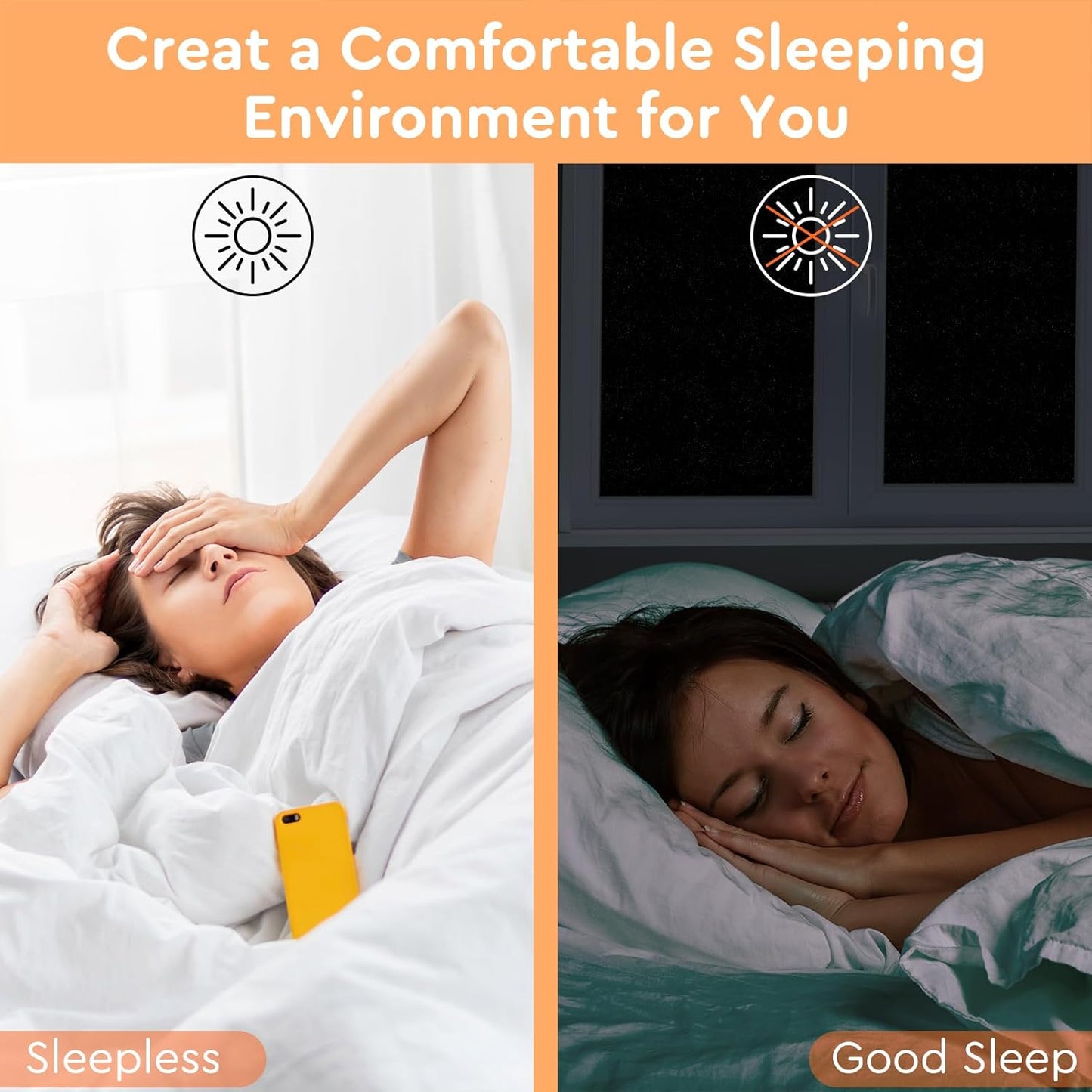 Kromapolis Blackout Window Privacy Film Total Light Blocking Room Darkening Window Covering, Removable Static Cling Frosted Glass Tint, Non-Adhesive, Black 45.2'' x 393.7''