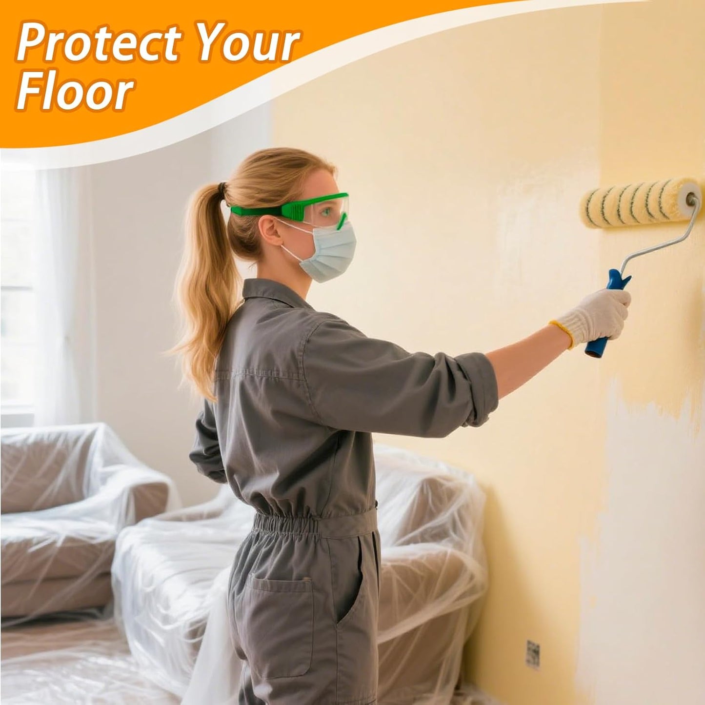 Painters Plastic with Tape 22" x 66',Pre-Taped Masking Film for Painting,Paint Protection Film with Built-in Tape, Drip-Free Painting for Cars,Walls, Floors, Furniture（2 Rolls）