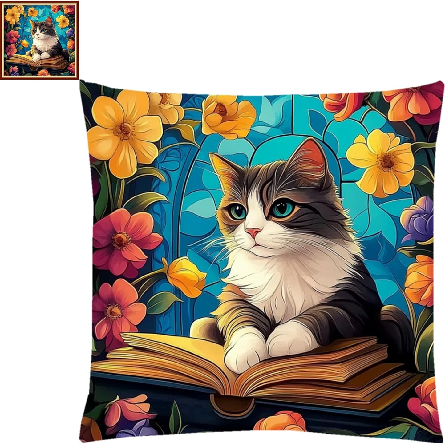 Fanxvivy Stamped Cross Stitch Kits for Adults Beginners Pillow Needlepoint Kit with Embroidery Pattern Needlework Kit Prestamped Stitches Kit 11CT Cross Stitching-Cat Flowers 18x18 inchs