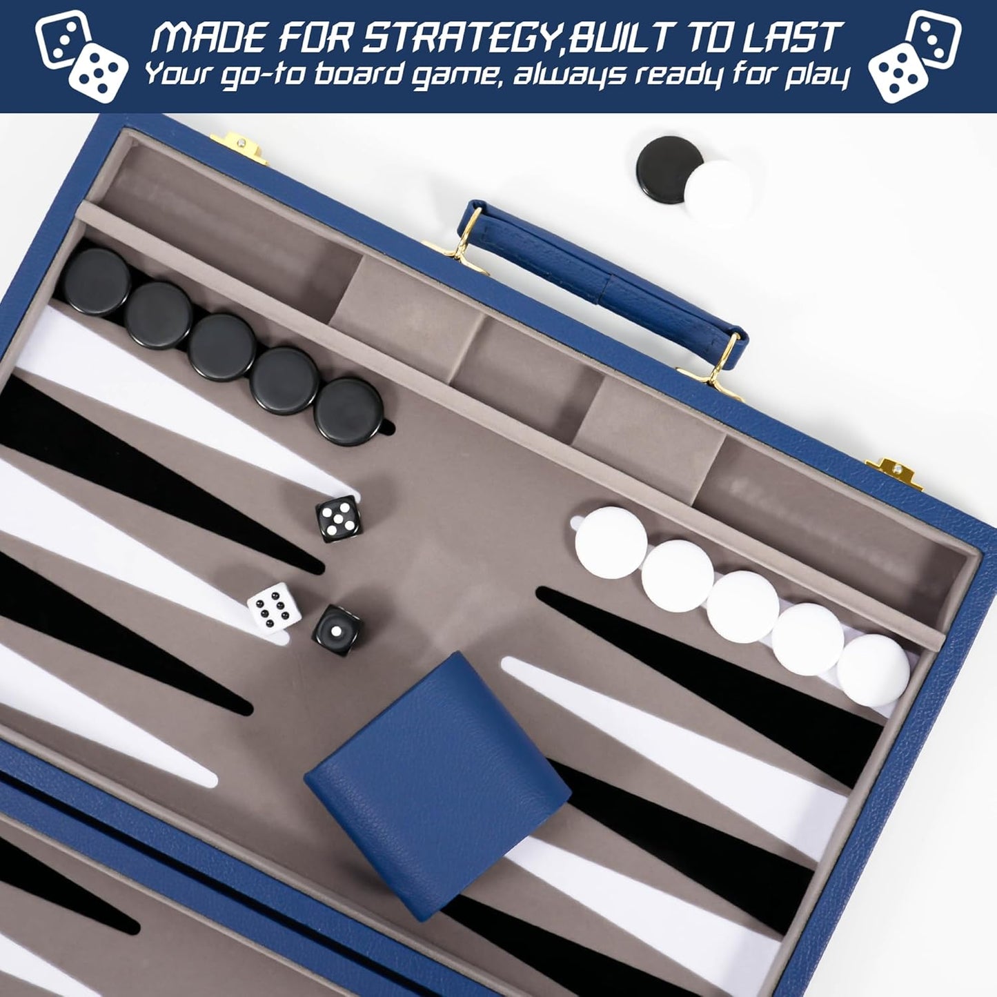Froggod Travel Backgammon Sets for Adults – 15 Inch Premium Backgammon Set – PU Leather Case with Seamless Flocked Game Surface – Classic Board Games for 2 Player and Gift for Men(Dark Blue)