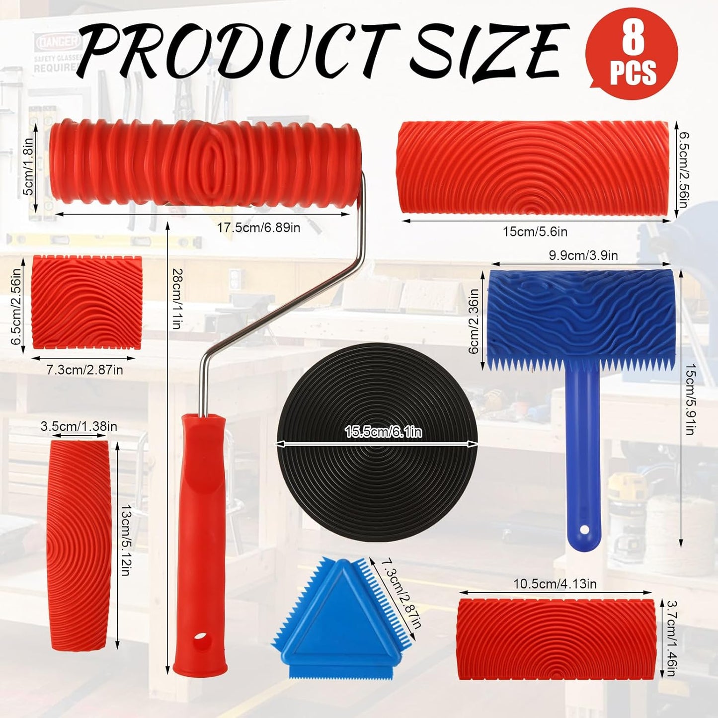 8 PCS Wood Grain Tool Set, 7" Textured Pattern Roller with Handle, Rubber Wood Graining Tool for Wall Floor Furniture Wood Pattern Art Decoration