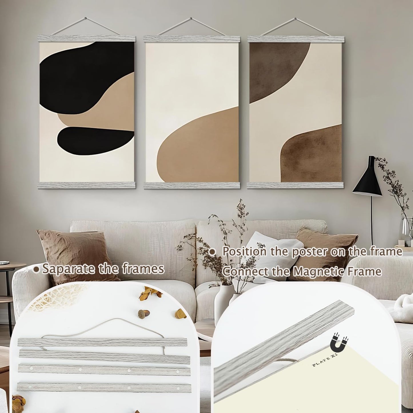 Artmag Magnetic Poster Hanger Frame, 34x22 34x23 34x48 Light Wood Wooden Magnet Canvas Artwork Print Poster Hangers Frames Hanging Kit (Grey, 34")