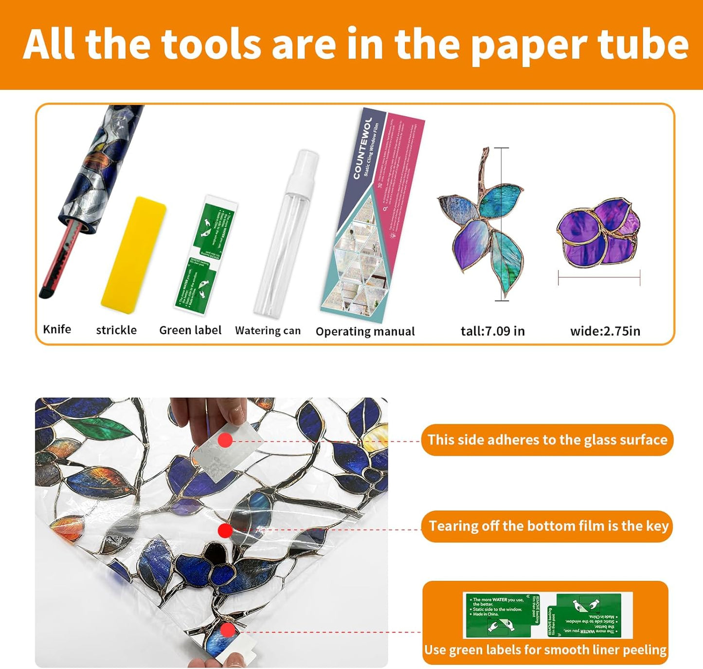 Window Privacy Film Stain Glass Window Film Rainbow Window Film Window clings Non-Adhesive Reusable Decorative for Room (Stained Leaf, 17.5 x 157.4 in)