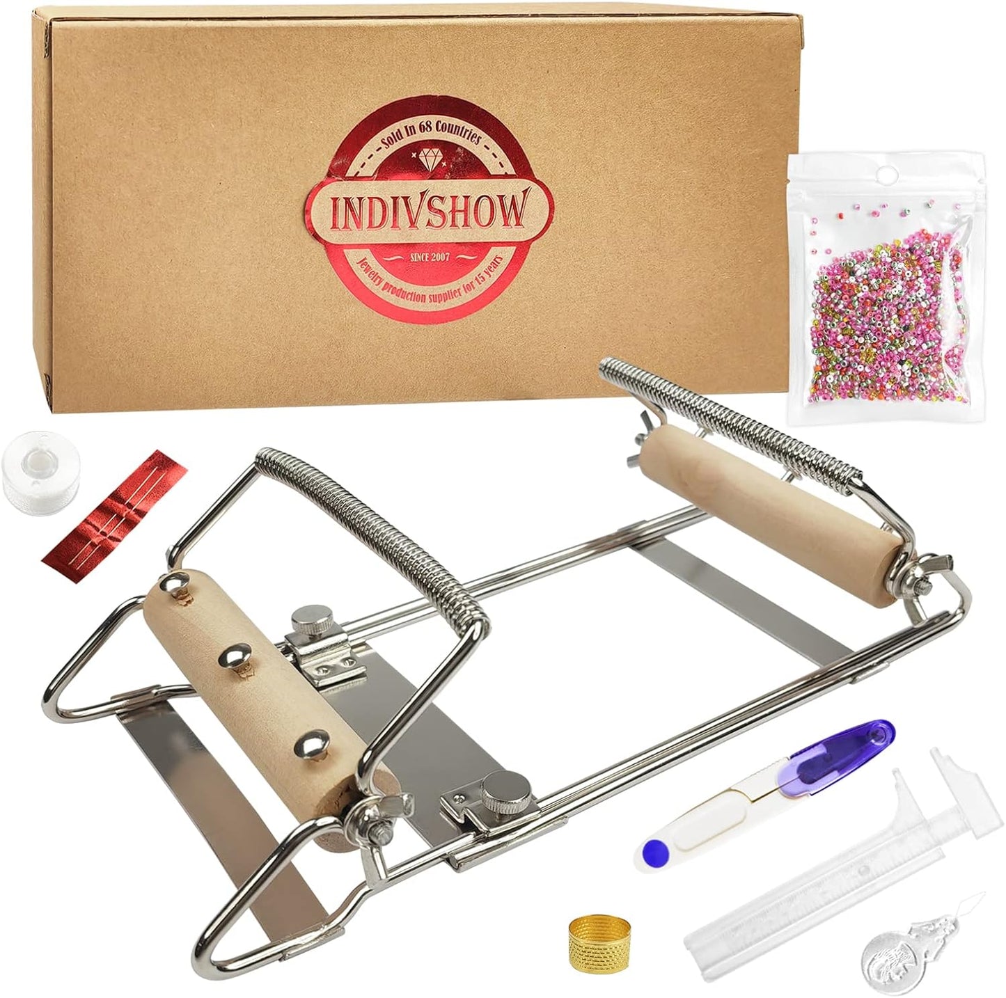 INDIVSHOW Adjustable Bead Loom,Seed Bead Loom Kit Includes Thread,Beading Needles, 8000 Grains Czech Beads,Calipers, Thimble,Yarn Scissors for Adults Kit,Bracelet Making Kit