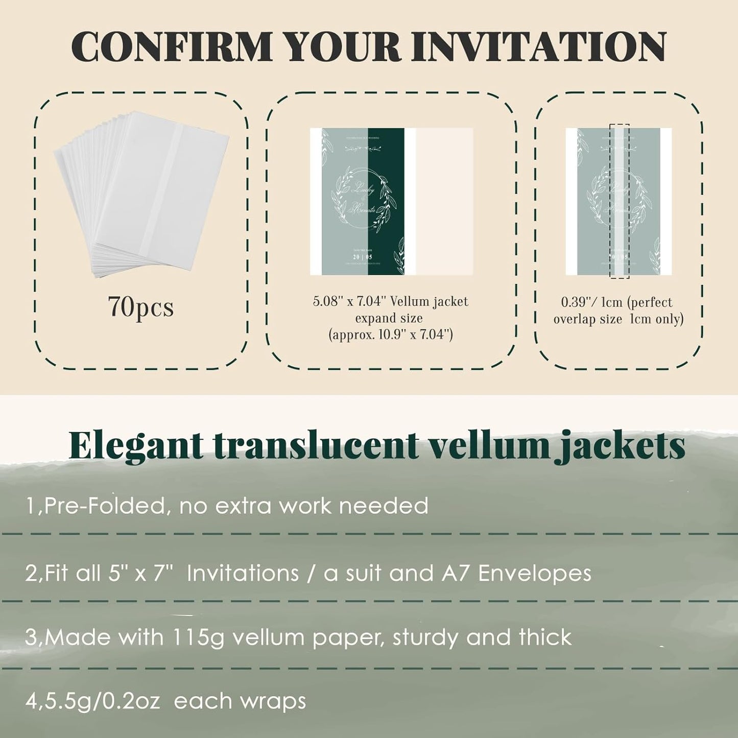 UNIQOOO 70 Pack Vellum Jackets for 5x7 Invitations, Elegant Pre-Folded Vellum Paper, 115GSM Frosted Vellum Cover Wedding Envelopes, Vellum Wraps