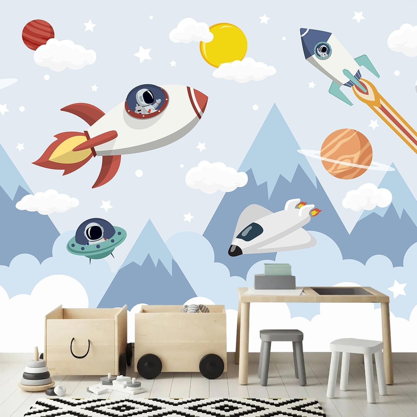 AFZEVEB-Space Mural Hand-Painted Cartoon Wallpaper for Kids Room 114"x74"(Not Peel and Stick)