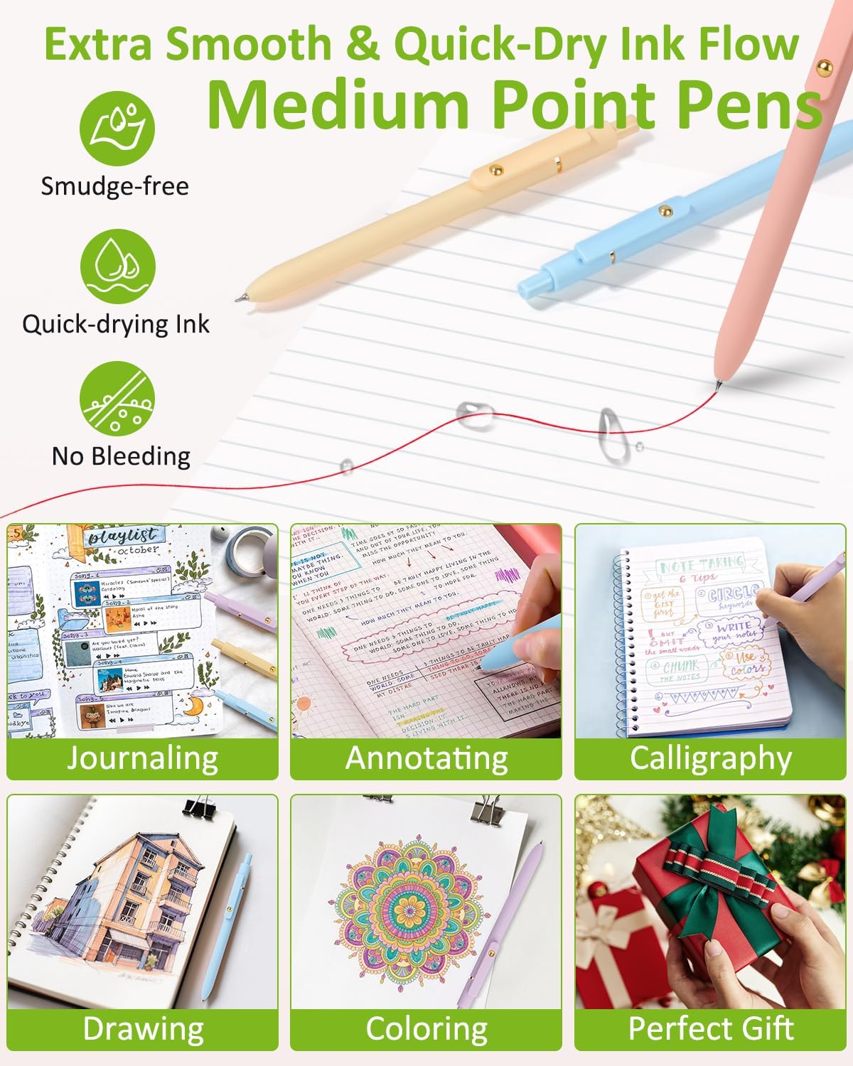 FIOVER Colored Pens, 6 Pack Colorful Gel Pens, Quick-Dry 0.7mm Medium Point for Journaling, Note Taking, Doodling, Aesthetic Office School Supplies, Gifts for Women Men(Multiple Colors)