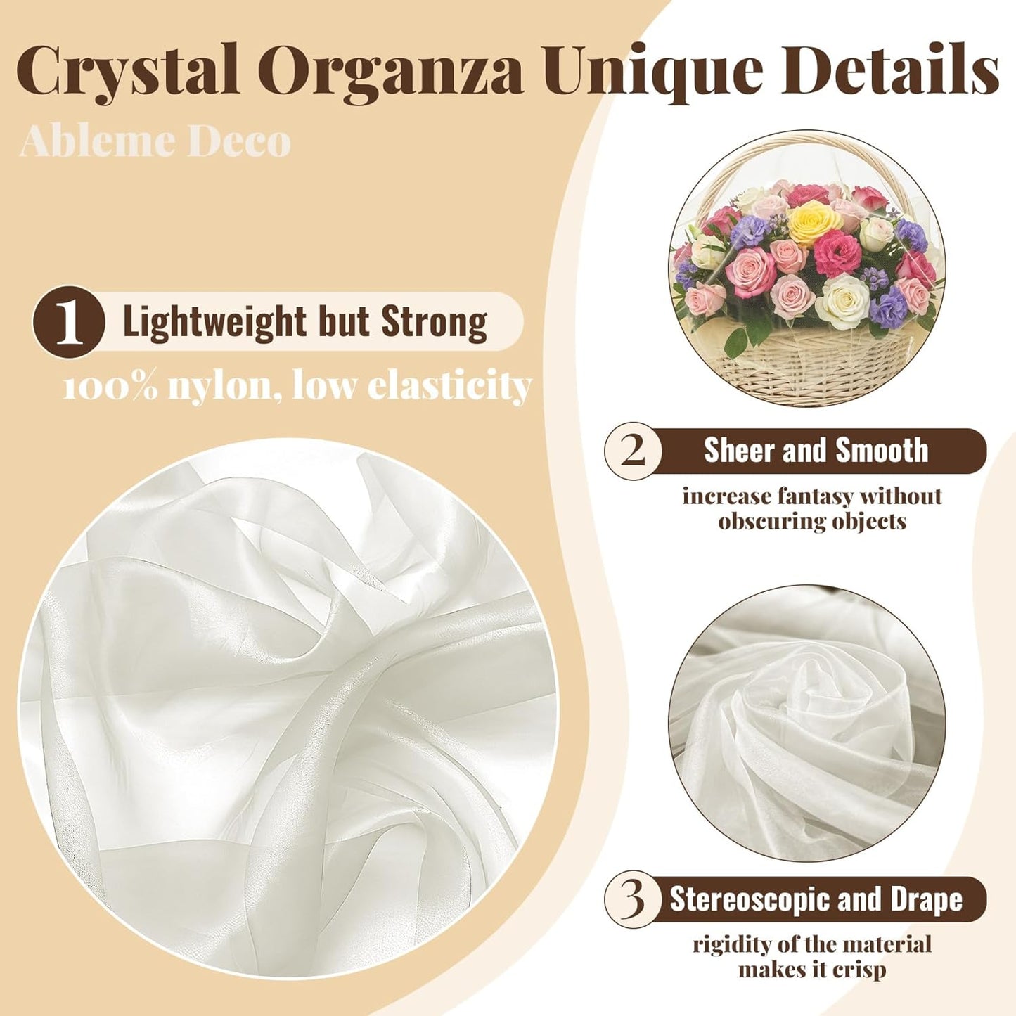 Sheer Fabric 60" x 1 Yards (3 ft) Organza Fabric by The Yard for DIY Wedding Decorations Craft Projects Party Backdrops Bows (Ivory)