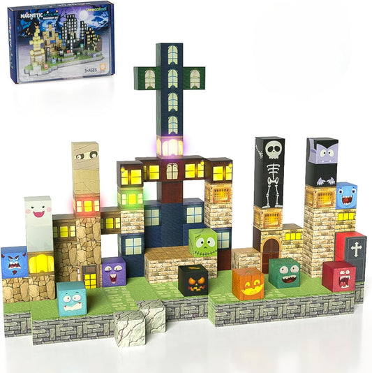Magnetic Blocks -137PCS Lights Halloween Building Blocks,World Magnetic Tiles Kids Build Cubes 3+,STEM Toys for 3-5 4-8 5-7 Year Old Boys,Sensory Creative Activities Birthday Gift