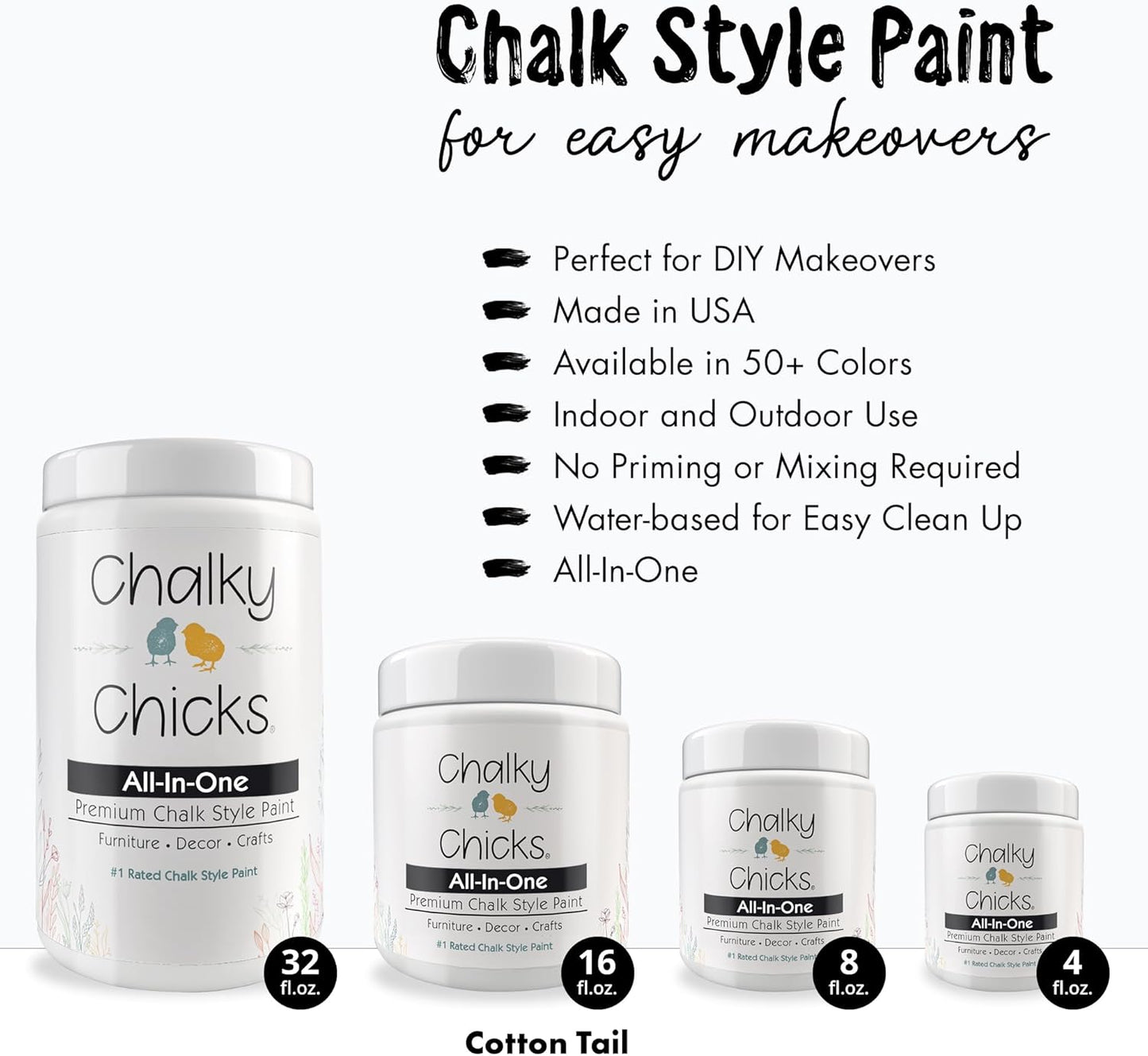 Chalky Chicks All-in-One Chalk Paint for Furniture or Cabinet - 4 Fl Oz - Matte Finish CottonTail White for Metal, Wood Furniture Paint - No Sanding All-in-One for Home Decor & Crafts, USA Made