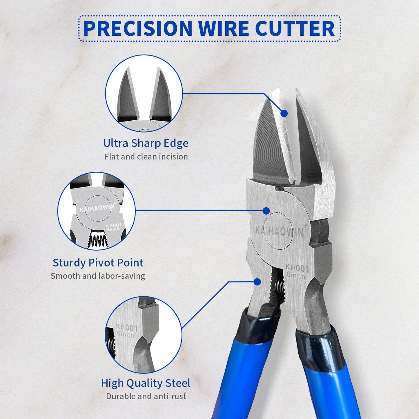 Wire Cutters 2 Pack, 6.5 inch,KAIHAOWIN Flush Cutters Diagonal Cutters Side Cutters Precision Ultra Sharp Spring Loaded Wire Snips Clippers Dikes Cutting Pliers Small for Crafting Jewelry Making,Blue