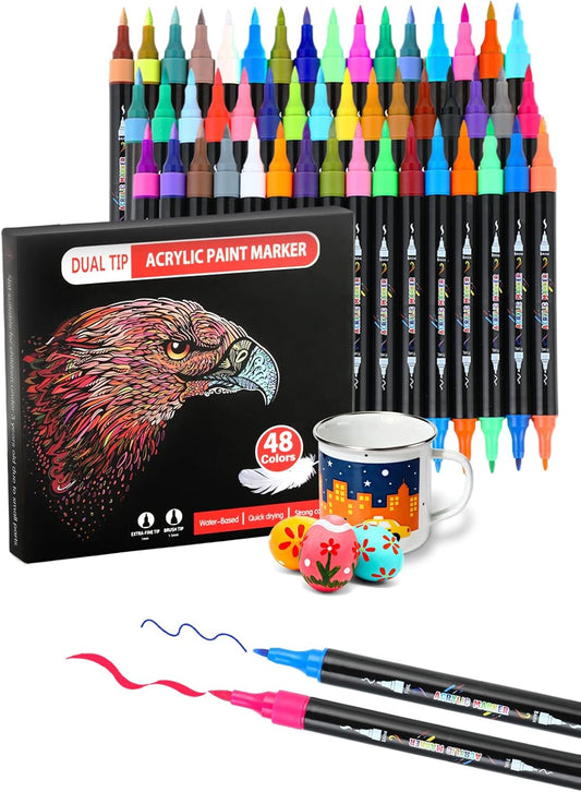 48 Colors Acrylic Paint Markers, Dual Tip Acrylic Paint Pens with Brush and Fine Tips for Kids, Adults, Wood, Canvas, Stone, Rock Painting, Glass, Ceramic Surfaces, DIY Crafts Making