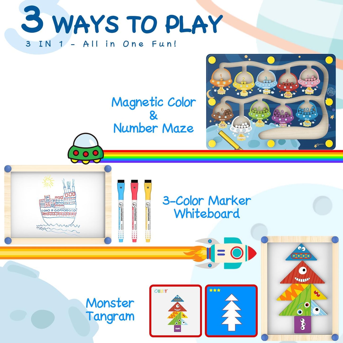 Magnetic Color & Number Maze Toy - Interactive Montessori Learning Board with Whiteboard, 3 Watercolor Pens, and Monster Puzzle for Kids Ages 3+