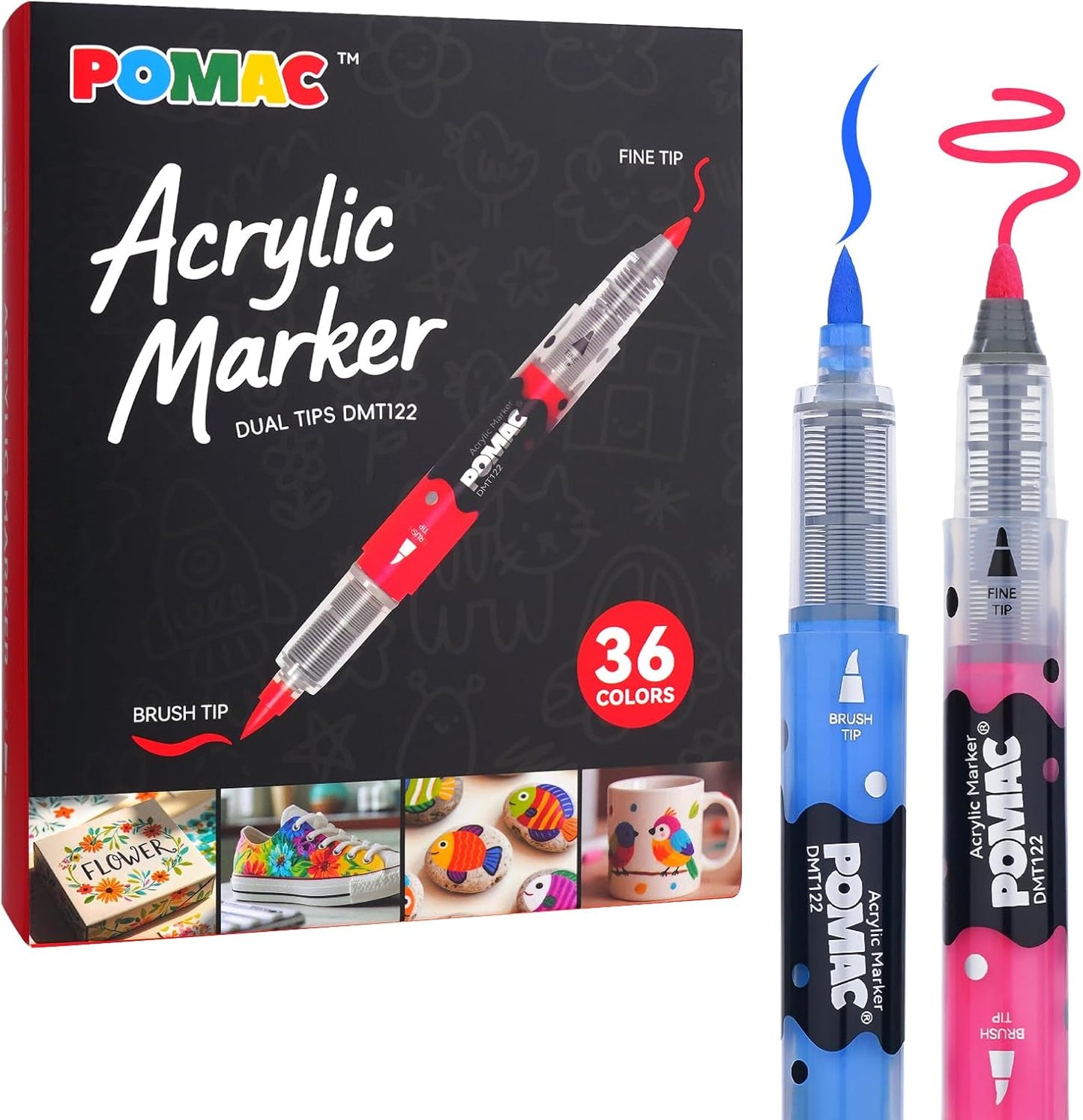 POMAC Dual Tip Acrylic Paint Markers Pens 36 Assorted Colors, Direct Liquid Acrylic Marker with Brush & Fine Tip, Water-Based Paint Marker for Fabric, Canvas, Rock, Glass, Wood, Crafts, Art Supplies