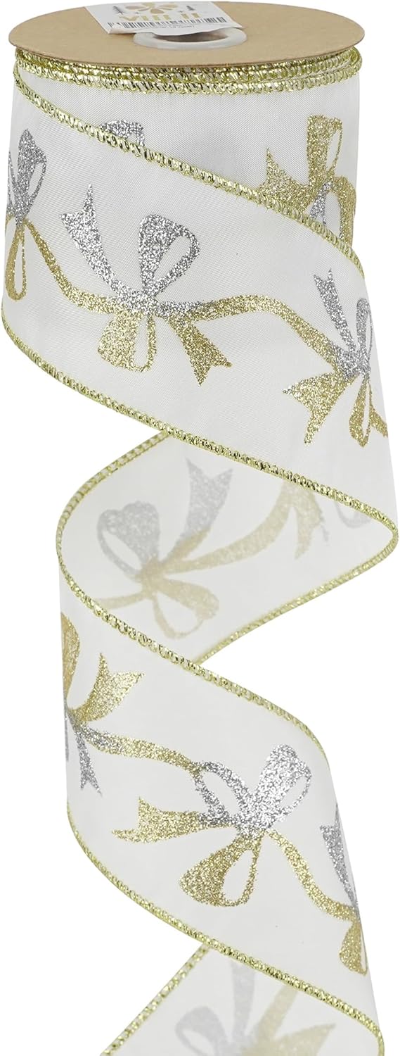 MEEDEE Gold & Silver Christmas Ribbon - 2.5 Inch White Satin with Glittery Bows Pattern - 10 Yards Wired Ribbon for Tree, Garlands & Toppers