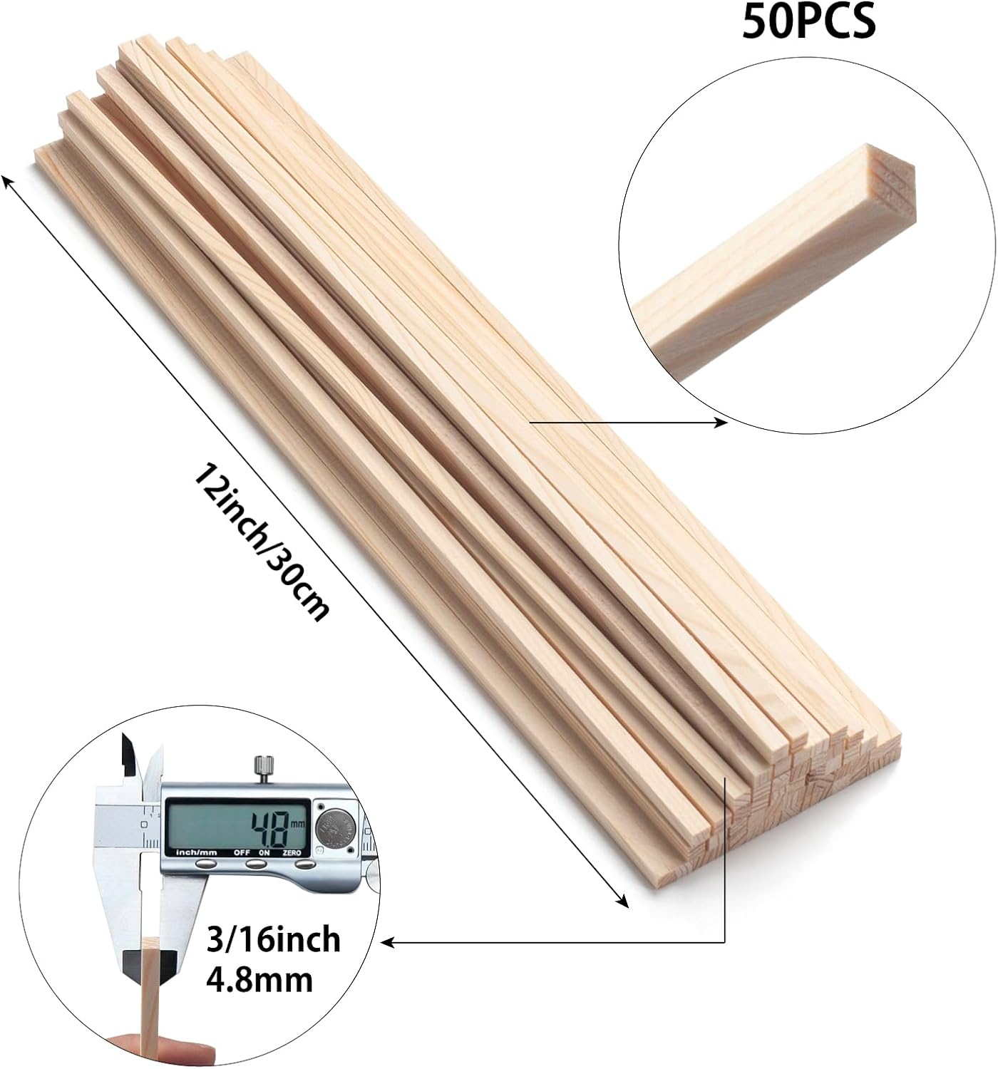 3/16" x 12" Square Wooden Dowel Rods Wood Dowels for Crafting, 50PCS Small Unfinished Wood Craft Sticks Hardwood Sticks Wooden Strips for Arts and DIYers, DIY Projects, Models Making, Woodworking