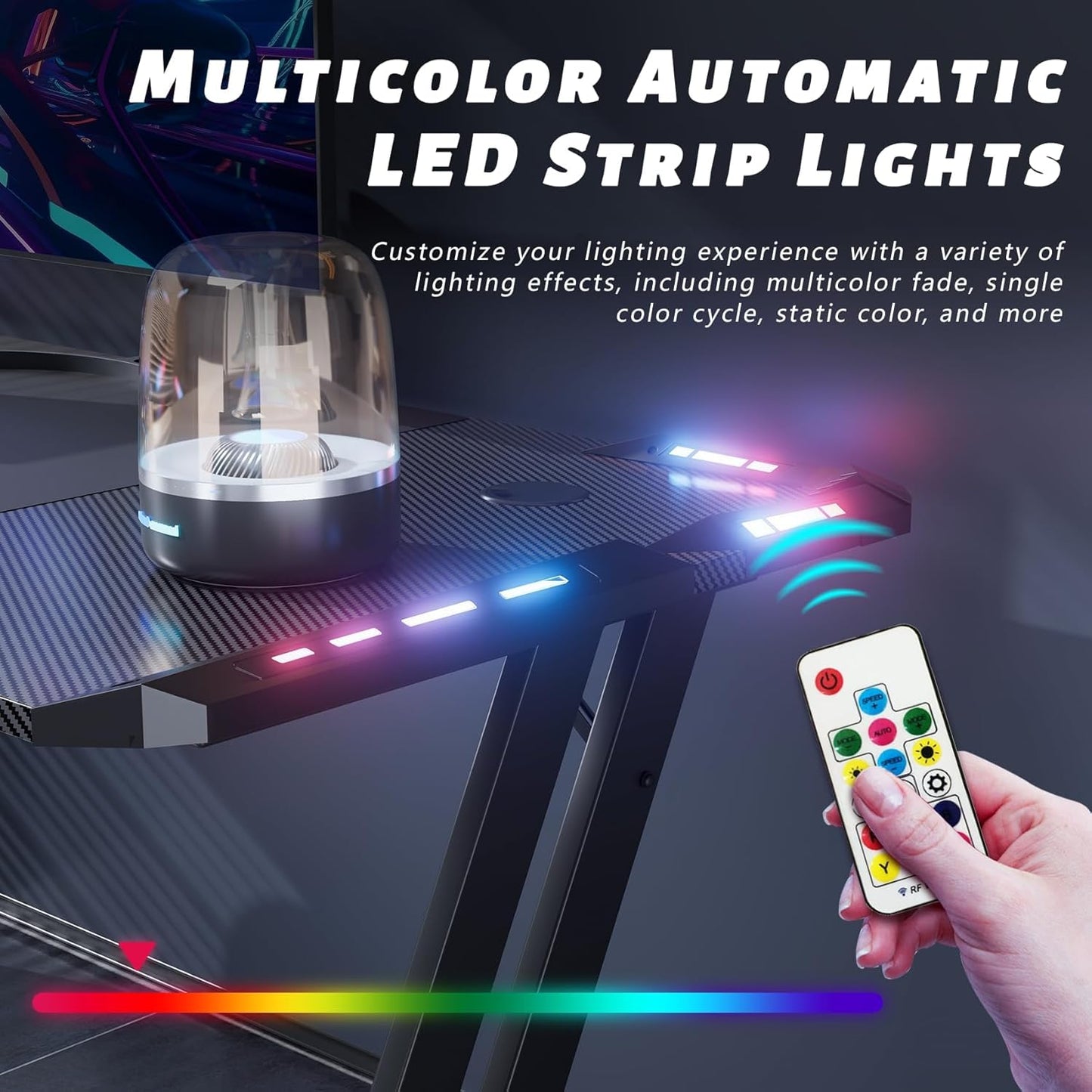 HLDIRECT 47 Inch Gaming Desk with LED Lights, Large RGB Computer Gaming Desk Table with Cup Holder Headphone Hook Mouse Pad, Ergonomic Modern Carbon Fiber Mesa Gamer Pc Work Home Office Desks, Black