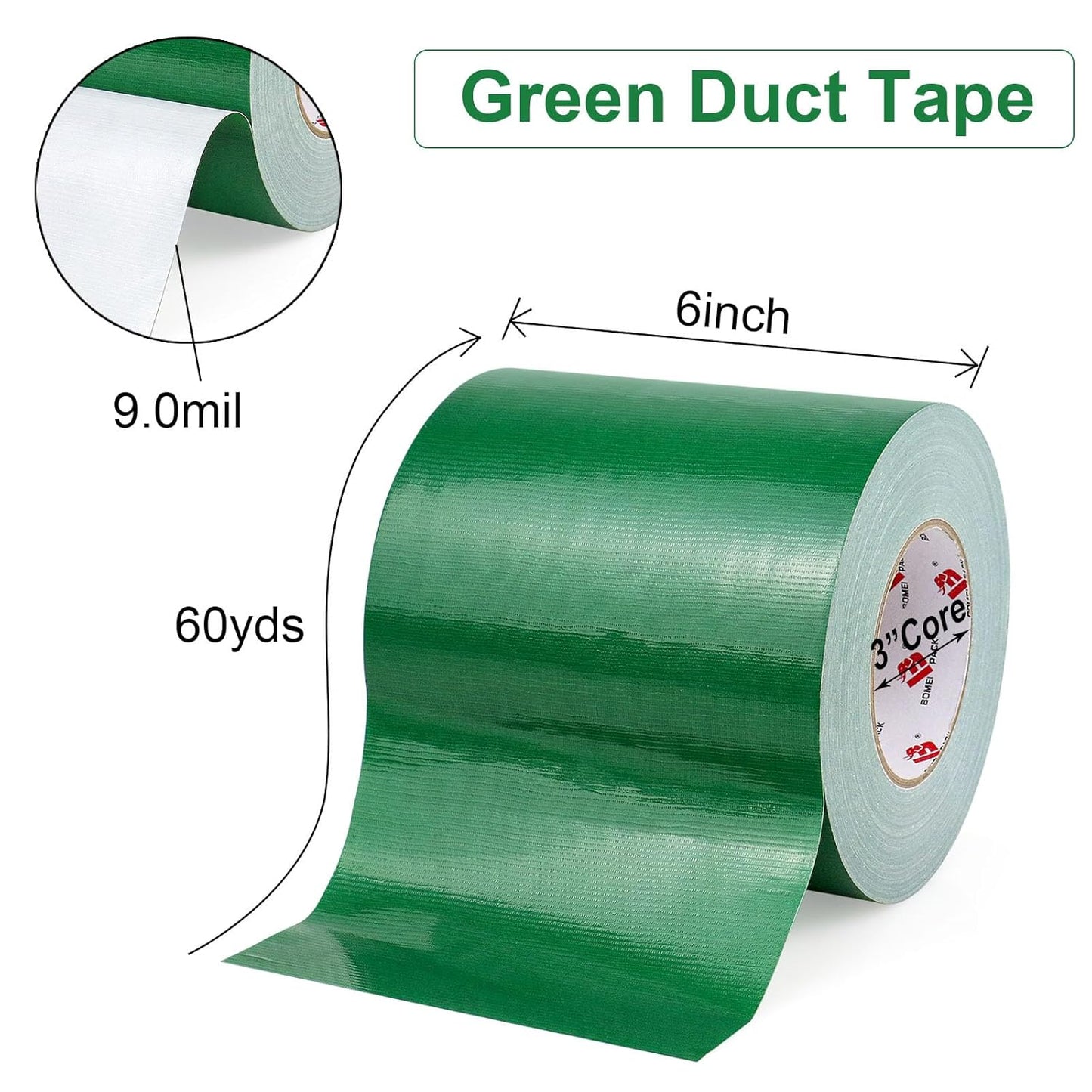 BOMEI PACK 6" Green Duct Tape,Wider Roll,6 Inches x 60 Yards,9 Mil Thick Heavy Duty, Industrial Strength,No Residue,Waterproof and Tear by Hand,Multi-Use for Indoor & Outdoor Repairs