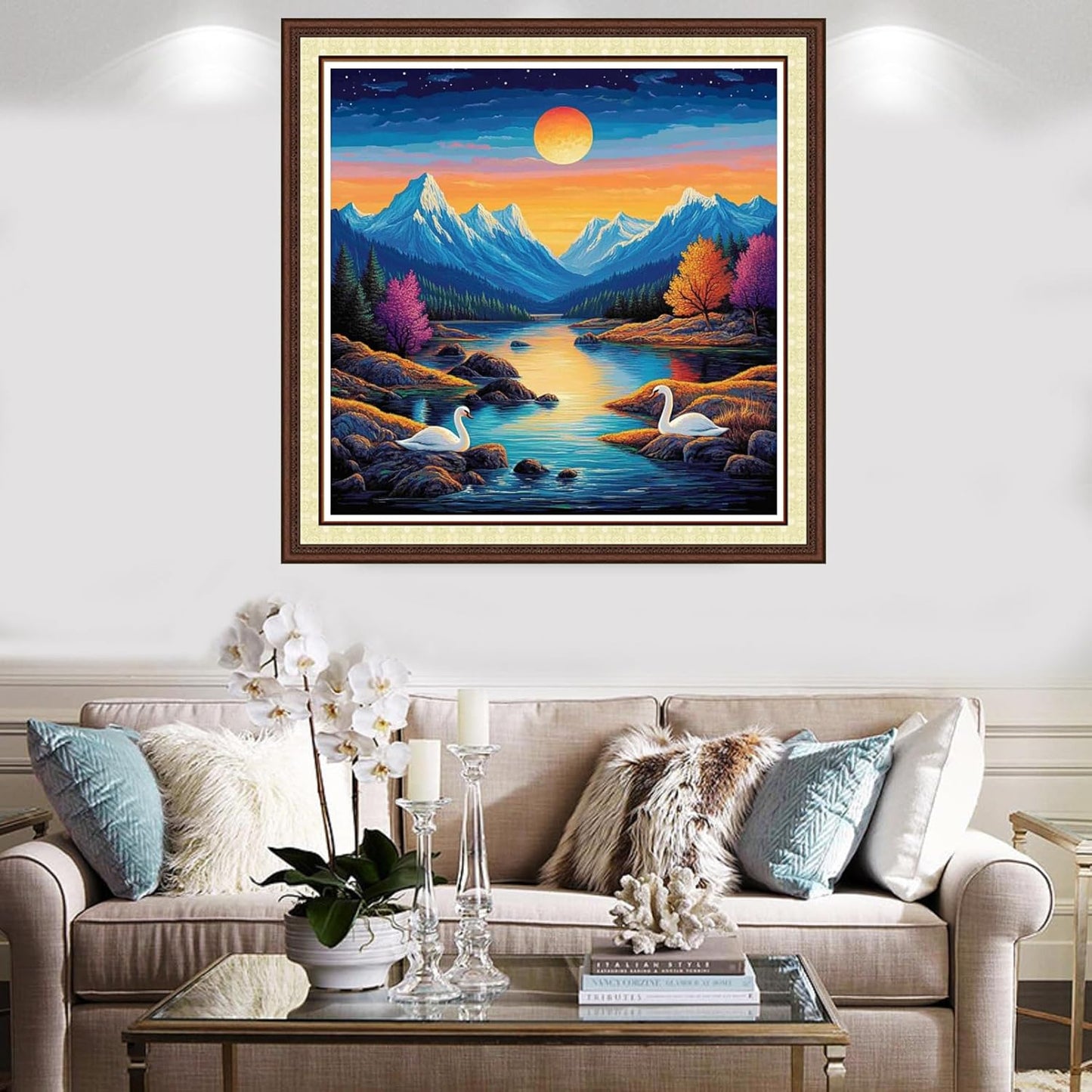 Findvoor Counted Cross Stitch Kits for Adults Full Range of Cross Stitching Embroidery Unprinted Pattern for Beginners, 11CT Needlepoint Kit Patterns Embroidery Kits-Moonlight Swan 18x18 inch