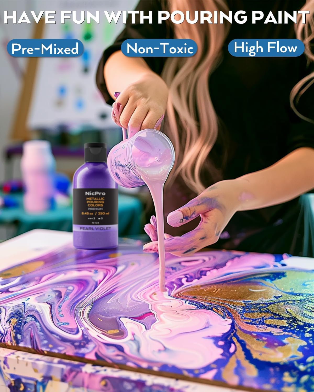 Nicpro 8 Colors 8.45oz Metallic Acrylic Pour Paint Supplies Kit, Large Volume Ready to Pour Premixed High Flow Pouring Paint Set with Silicone Pouring Oil, Gloves, Instructions for Beginner DIY