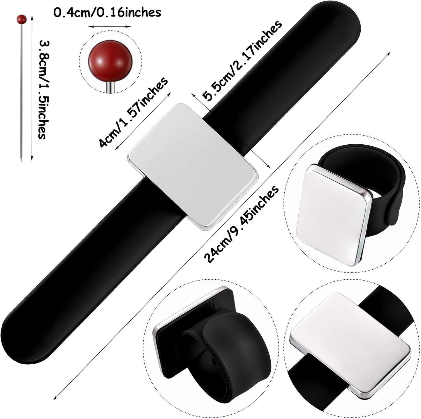 Magnetic Wrist Sewing Pincushion with 100 Pieces 1.5 Inch Ball Head Sewing Pins Set Wrist Magnetic Pin Holder Gift Supplies(Black)