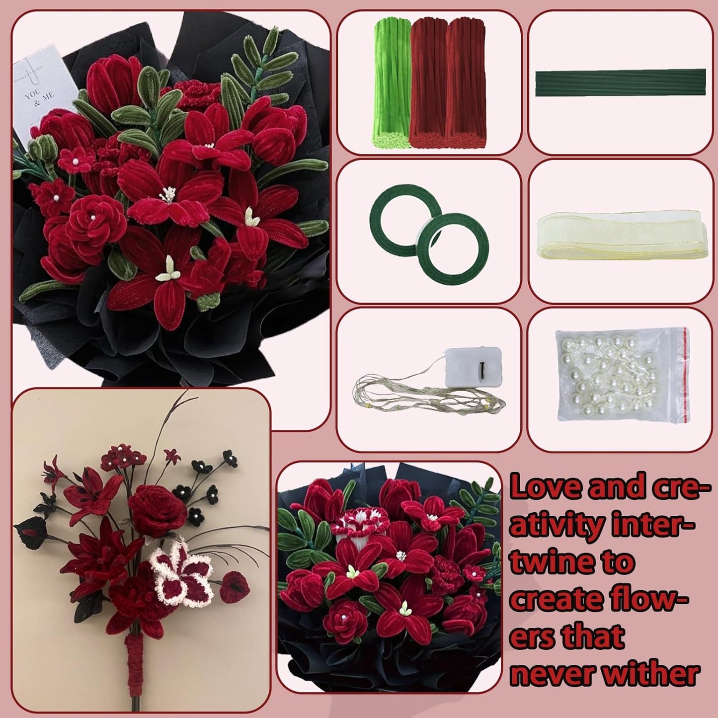 LOLEDE 300Pcs Pipe Cleaners Craft Kit, 2 Colors Chenille Stems for DIY Artificial Flower Making with Floral Wires, Gardening Tape, LED String Lights, Pearl Beads & Ribbon (Rose)